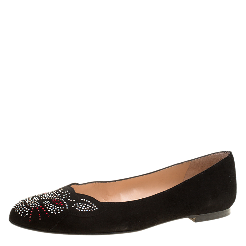 Stuart Weitzman Black Suede Crystal Embellished Kittycat Flats Size 40