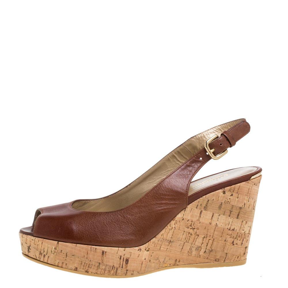 

Stuart Weitzman for Russell & Bromley Brown Leather Cork Wedge Platform Slingback Sandals Size