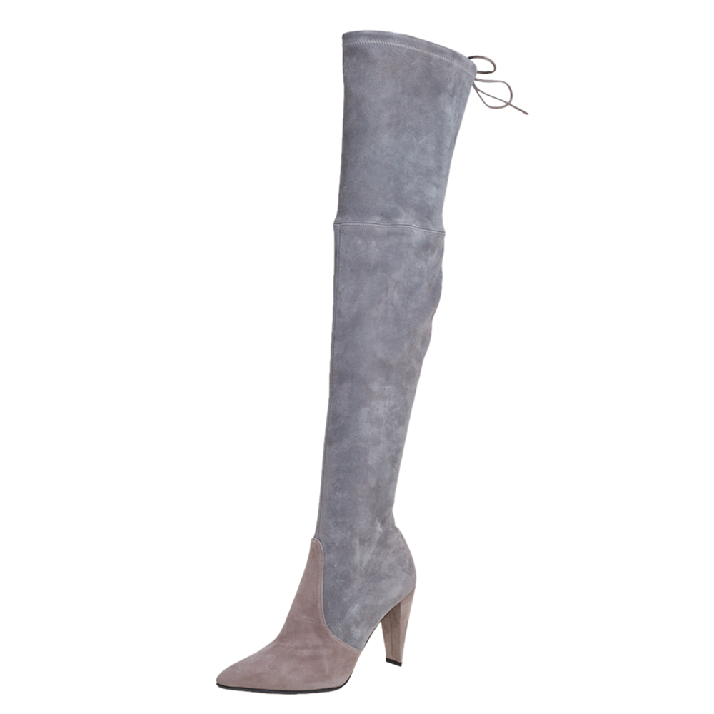 Pre-owned Stuart Weitzman Grey Suede Highland Over The Knee Boots Size 37.5