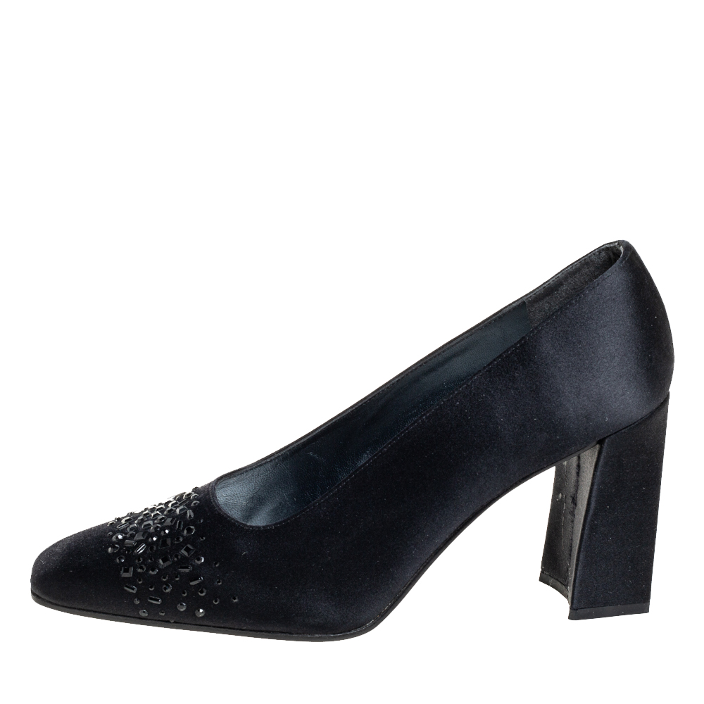 

Stuart Weitzman Black Satin Embellished Pumps Size