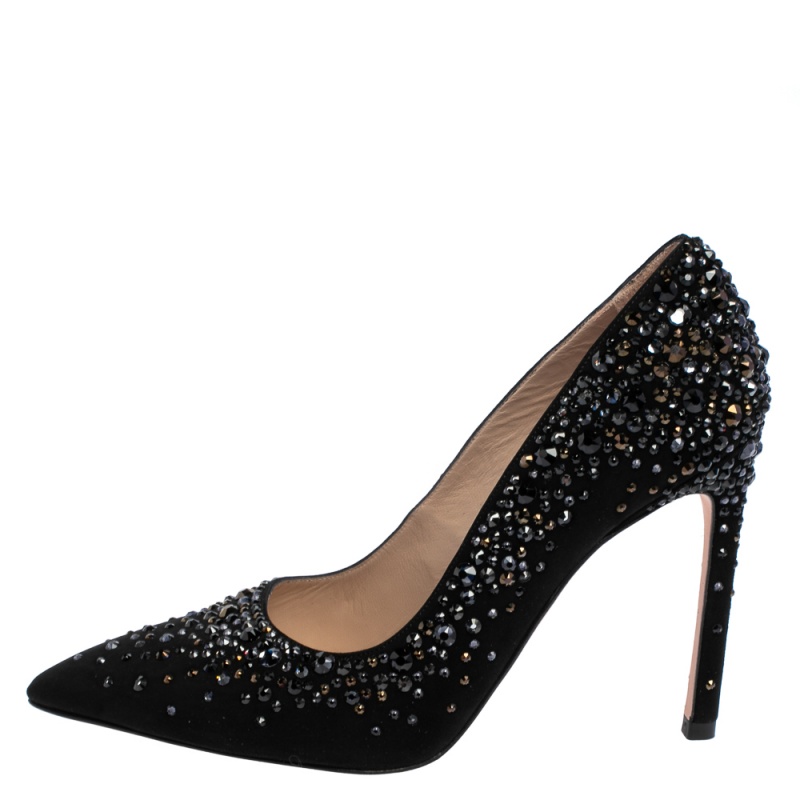 

Stuart Weitzman Black Suede Crystal Embellished Lalaina Pumps Size