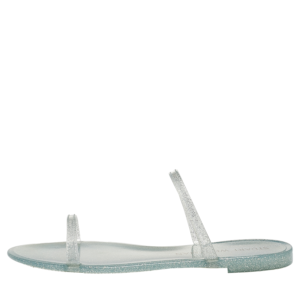 

Stuart Weitzman Silver Glitter Jelly Flat Slide Sandals Size
