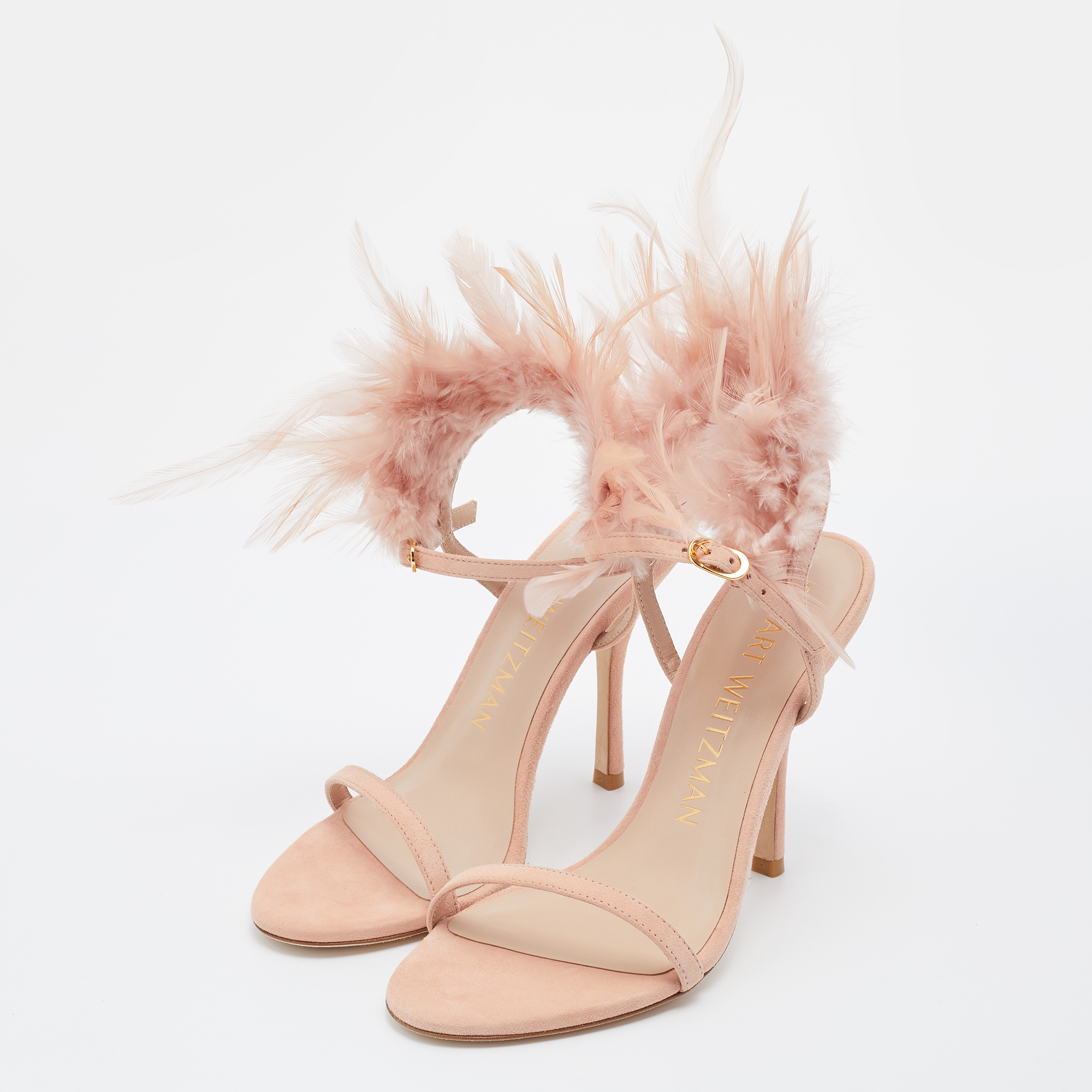 

Stuart Weitzman Pink Suede and Feather Ricki Ankle Strap Sandals Size