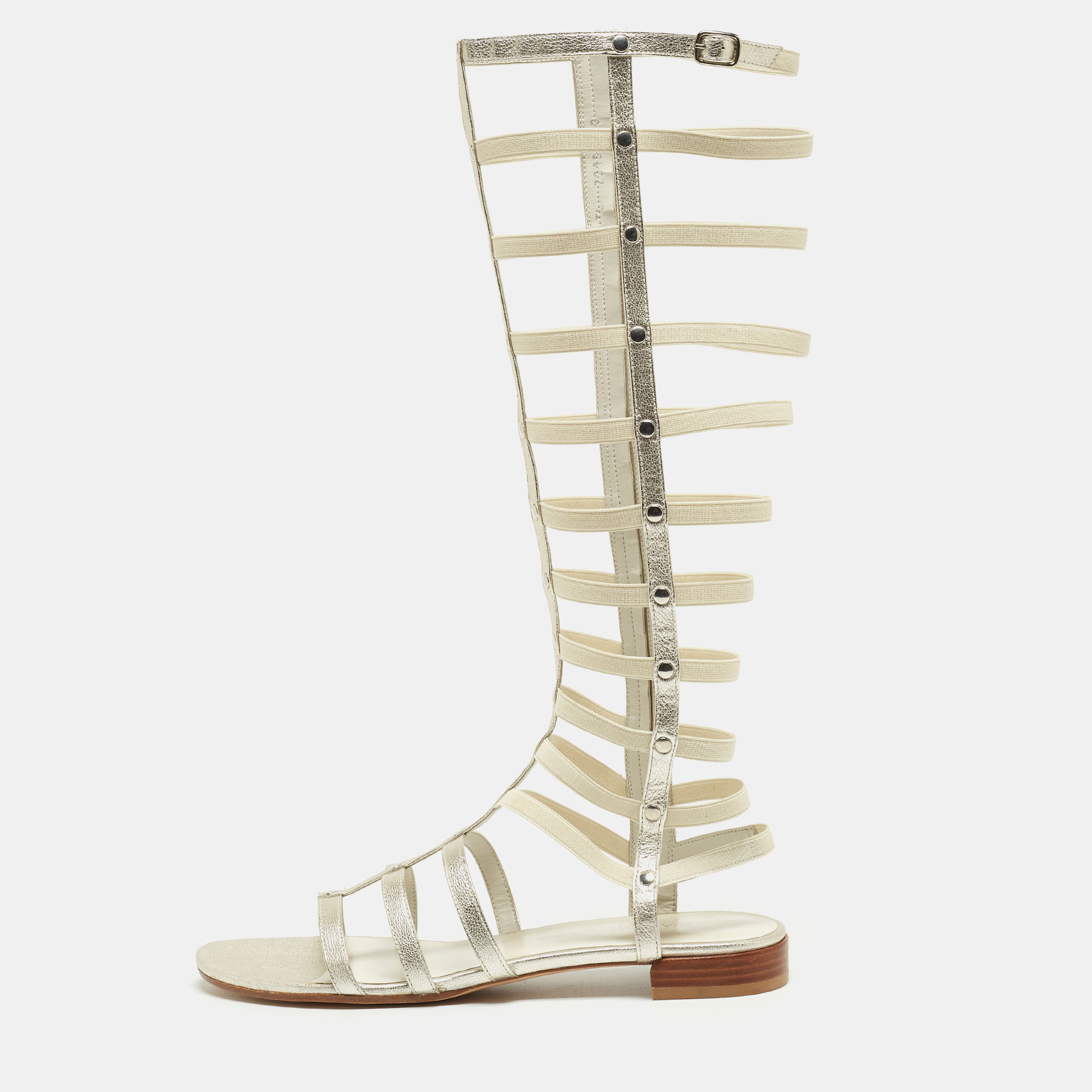 

Stuart Weitzman Metallic White Leather and Elastic Gladiator Flat Sandals Size