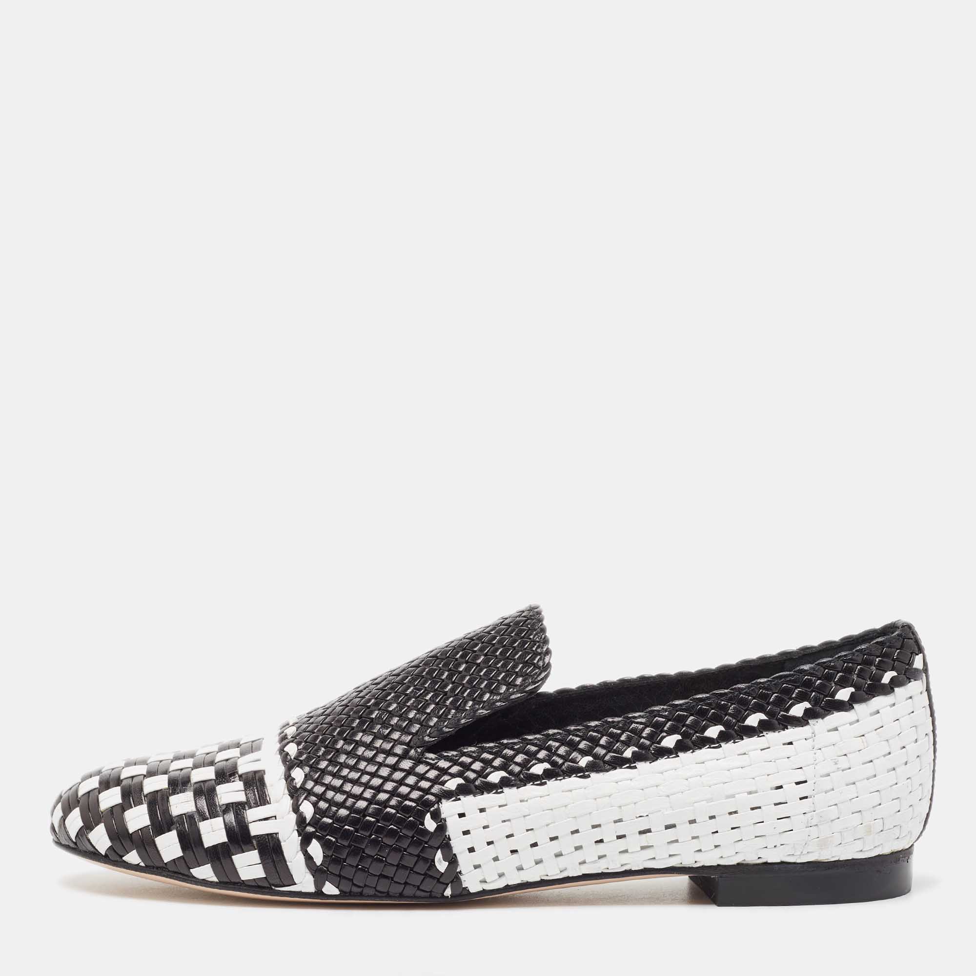 Pre-owned Stuart Weitzman Black/white Woven Leather Riviera Smoking Slippers Size 36