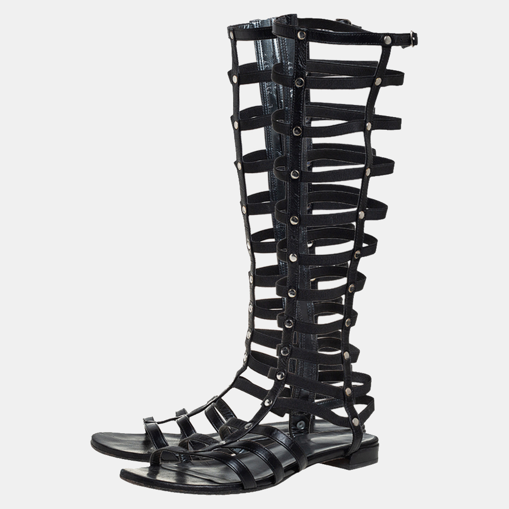 

Stuart Weitzman Black Leather and Elastic Gladiator Flat Sandals Size