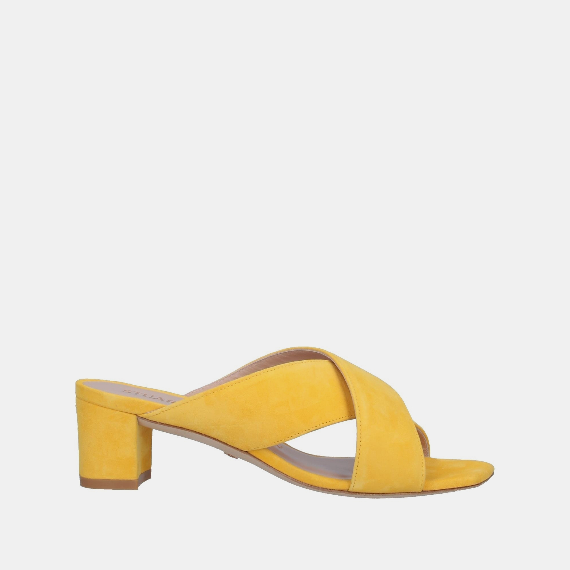 Pre-owned Stuart Weitzman Suede Criss Cross Open Toe Mules Size 38 In Yellow