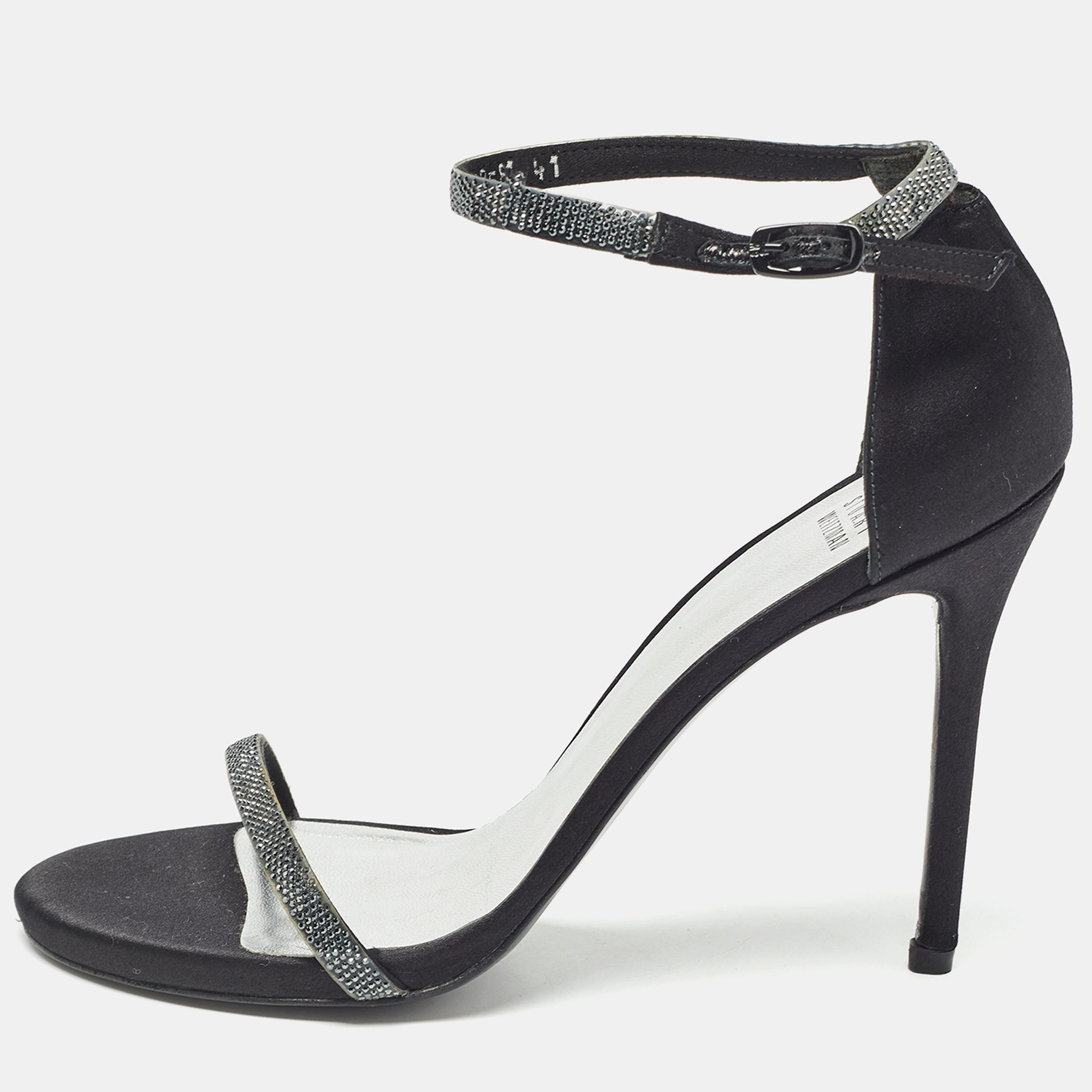 

Stuart Weitzman Black Satin Crystal Embellished Ankle Strap Sandals Size