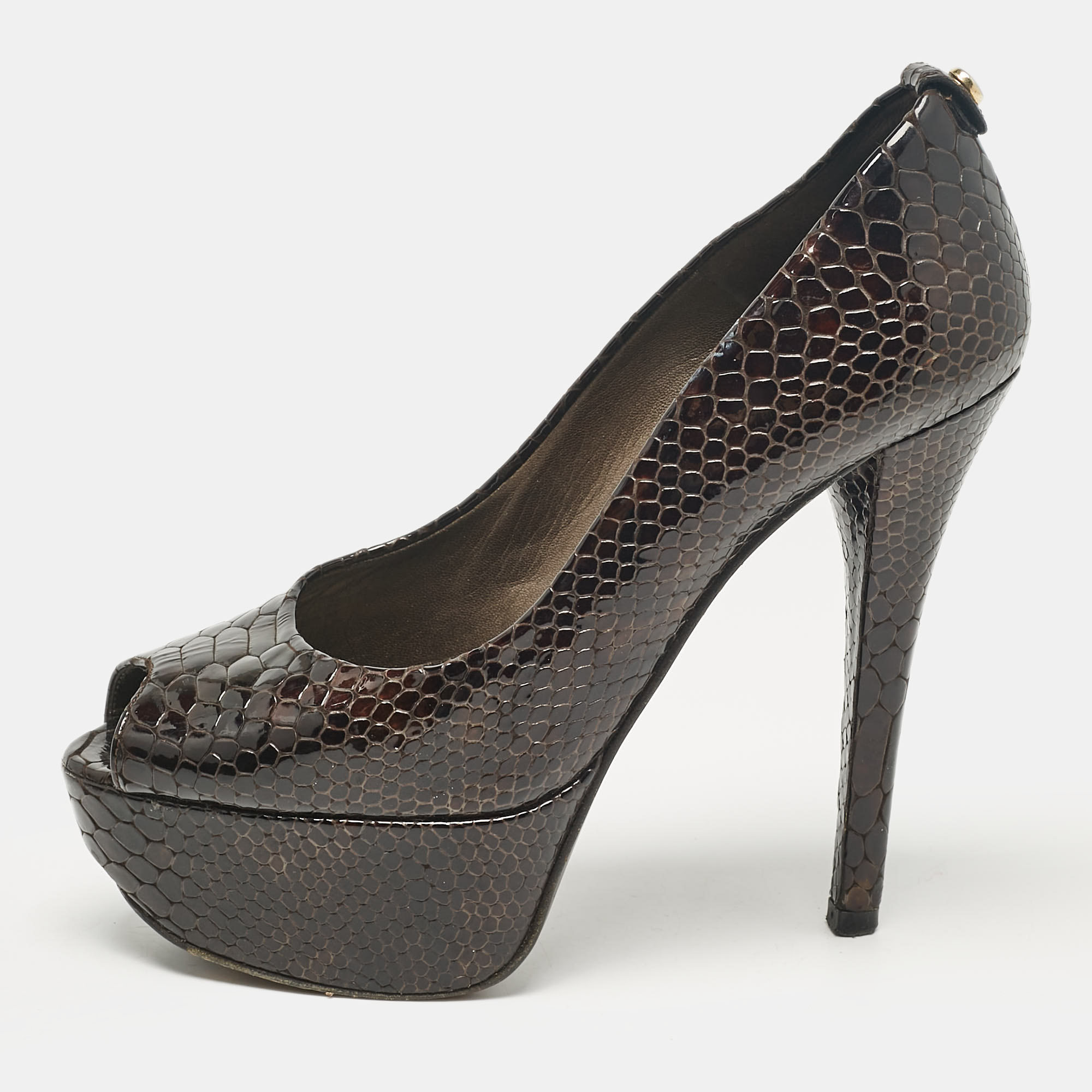 

Stuart Weitzman Brown Croc Embossed Patent Leather Peep Toe Pumps Size