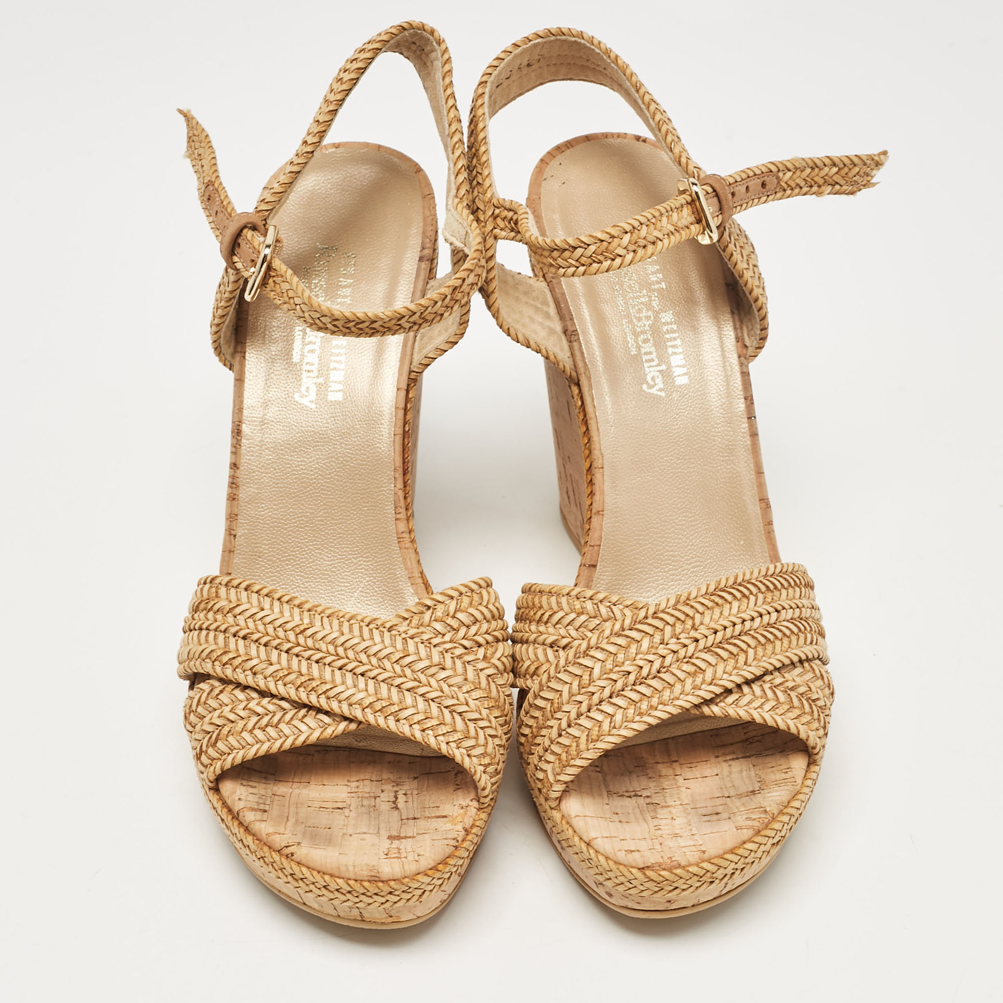 Stuart Weitzman Beige Raffia Cork Wedge Sandals Size 39.5 
