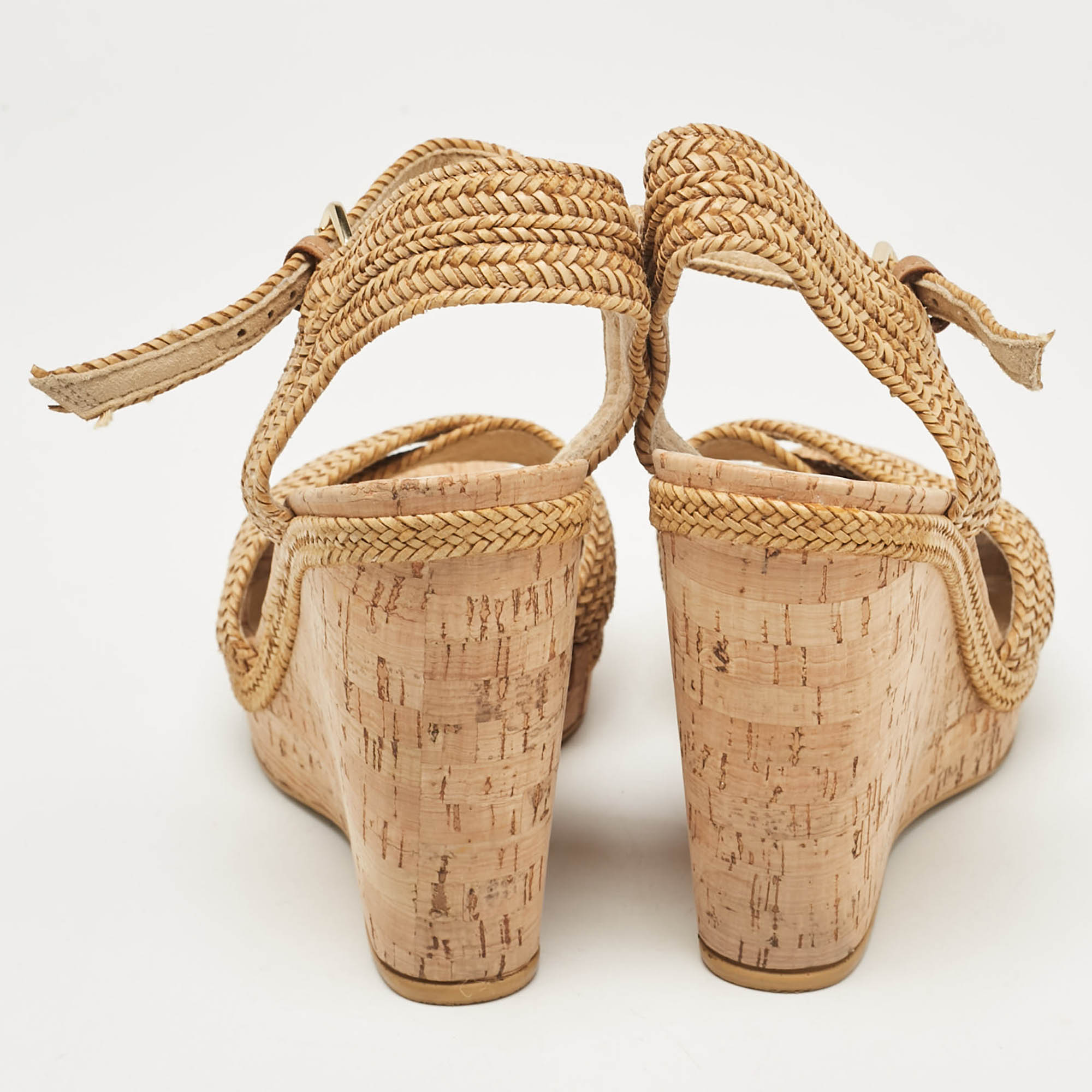 Stuart Weitzman Beige Raffia Cork Wedge Sandals Size 39.5 