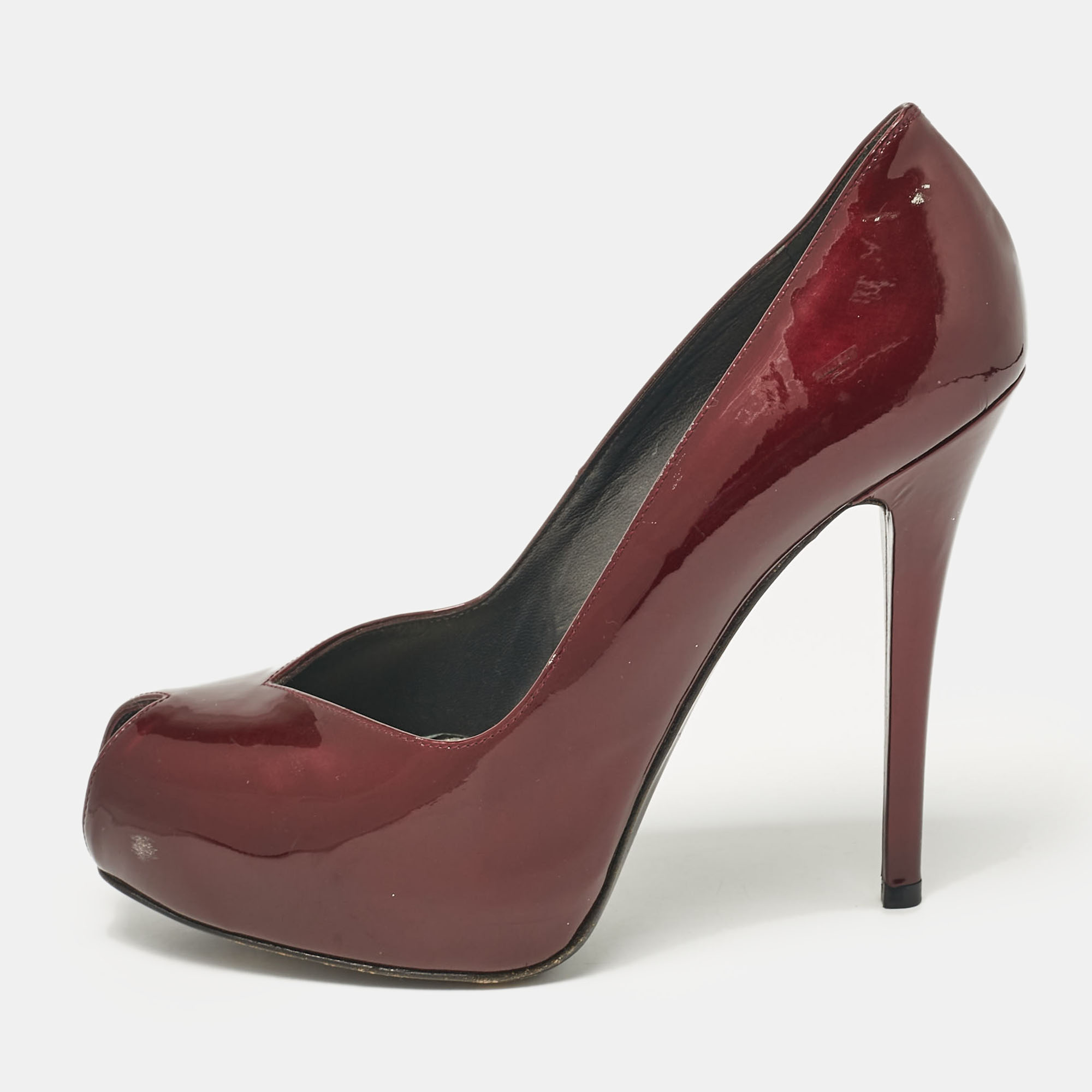 

Stuart Weitzman Burgundy Patent Leather Peep Toe Pumps Size