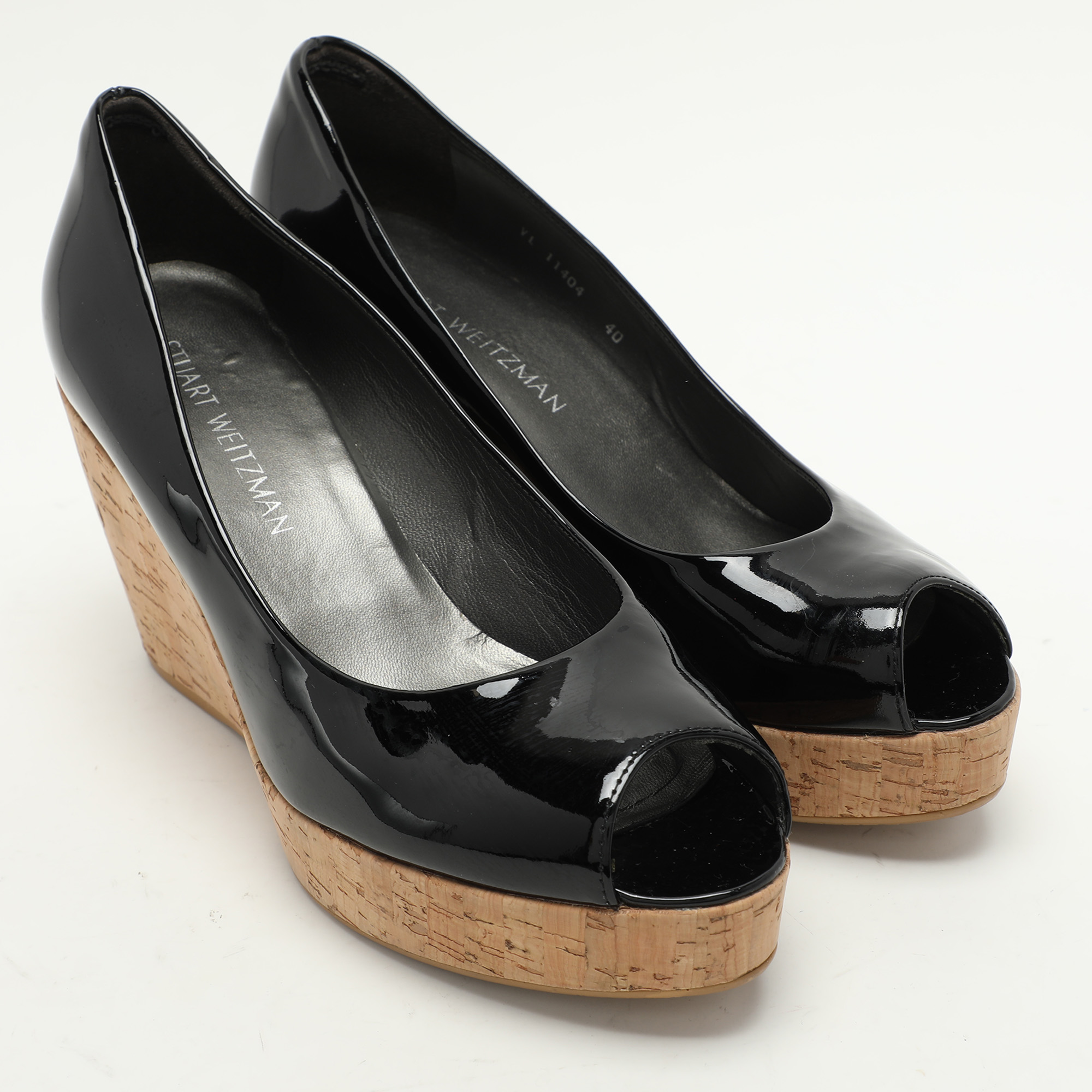 Stuart Weitzman Black Patent Leather Cork Wedge Pumps Size 40 