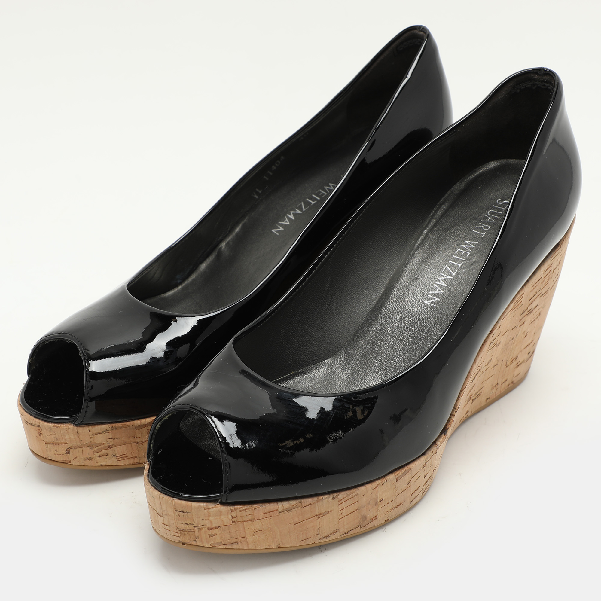 Stuart Weitzman Black Patent Leather Cork Wedge Pumps Size 40 