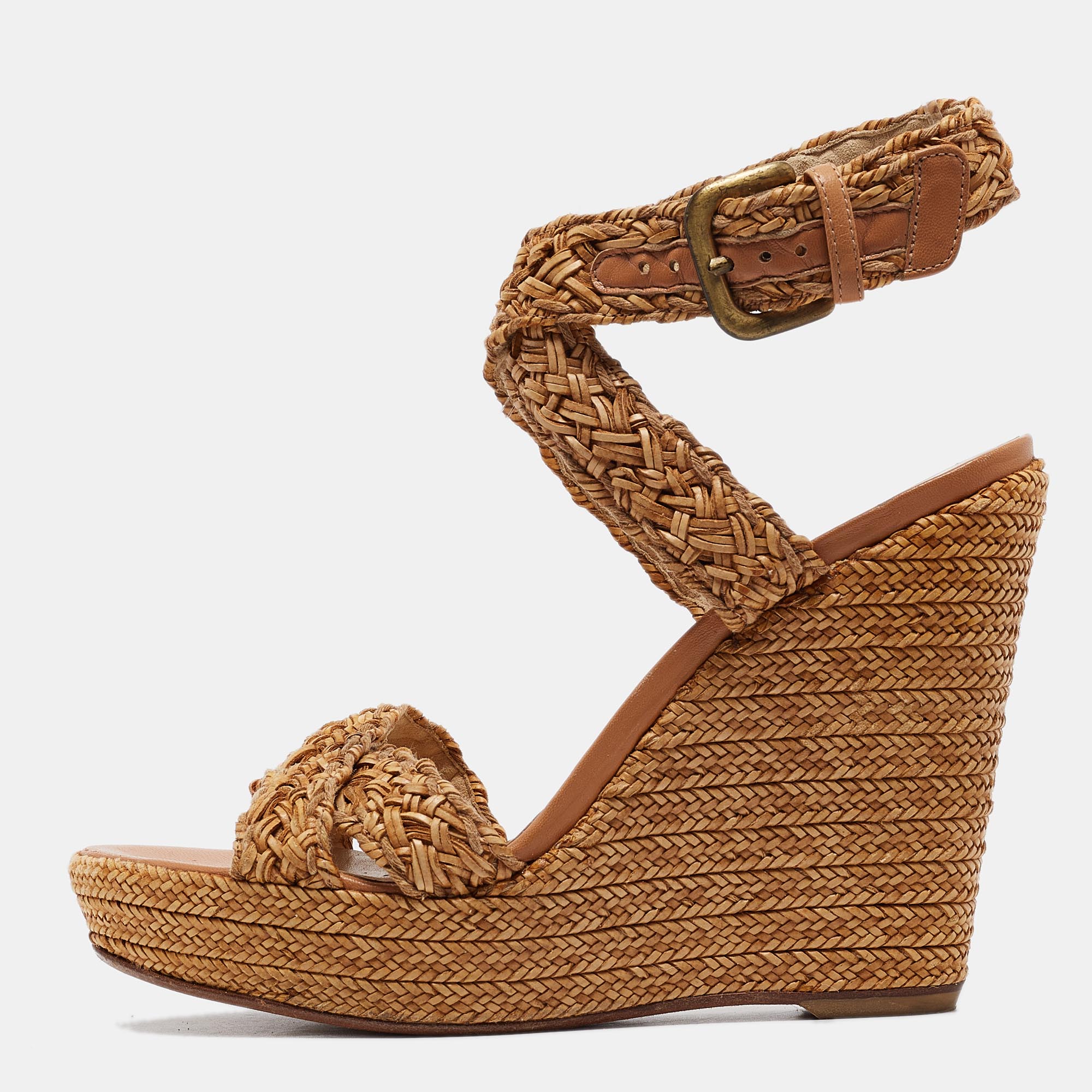 

Stuart Weitzman Beige Leather and Raffia Braided Platform Wedge Sandals Size 39.5