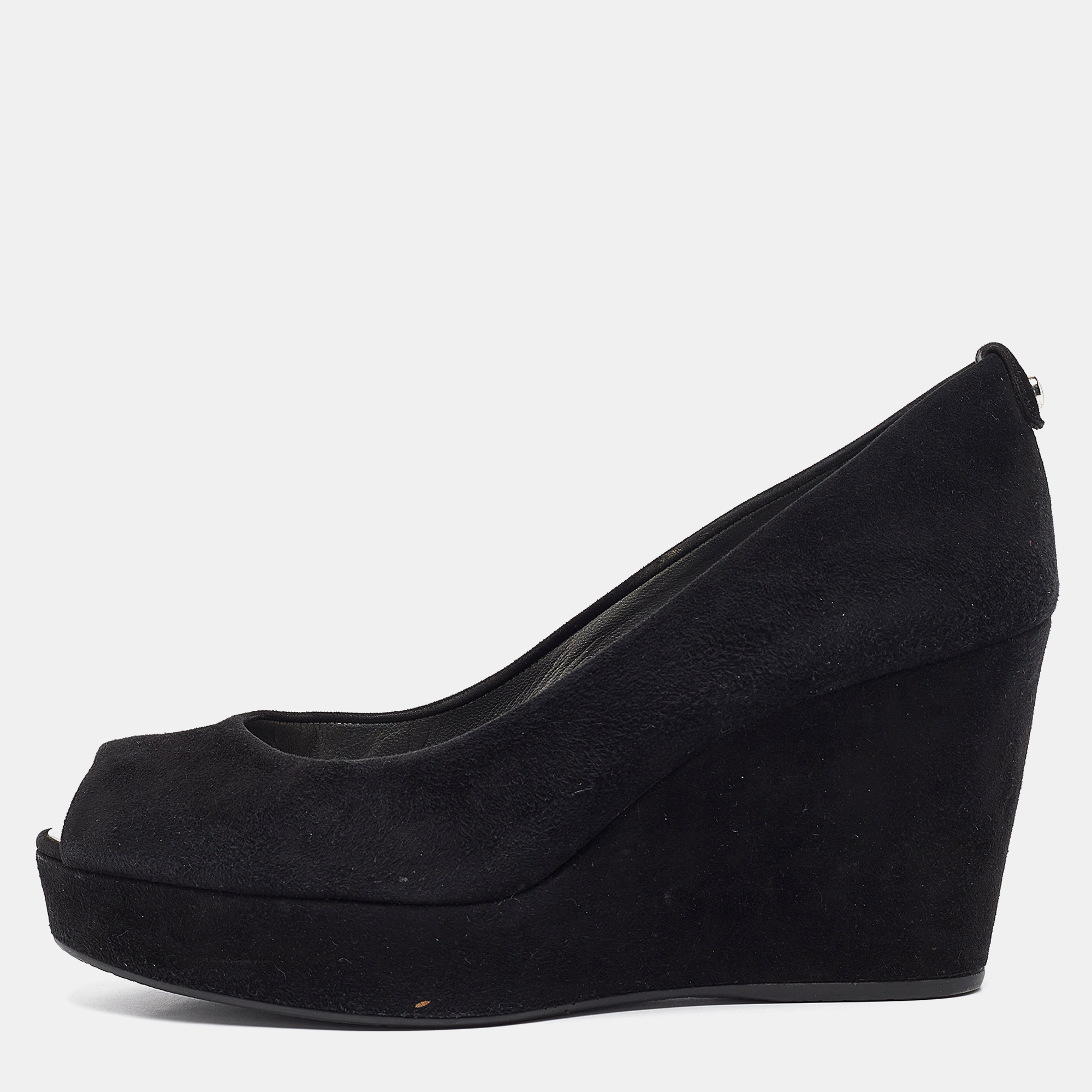 

Stuart Weitzman Black Suede Peep Toe Wedge Pumps Size