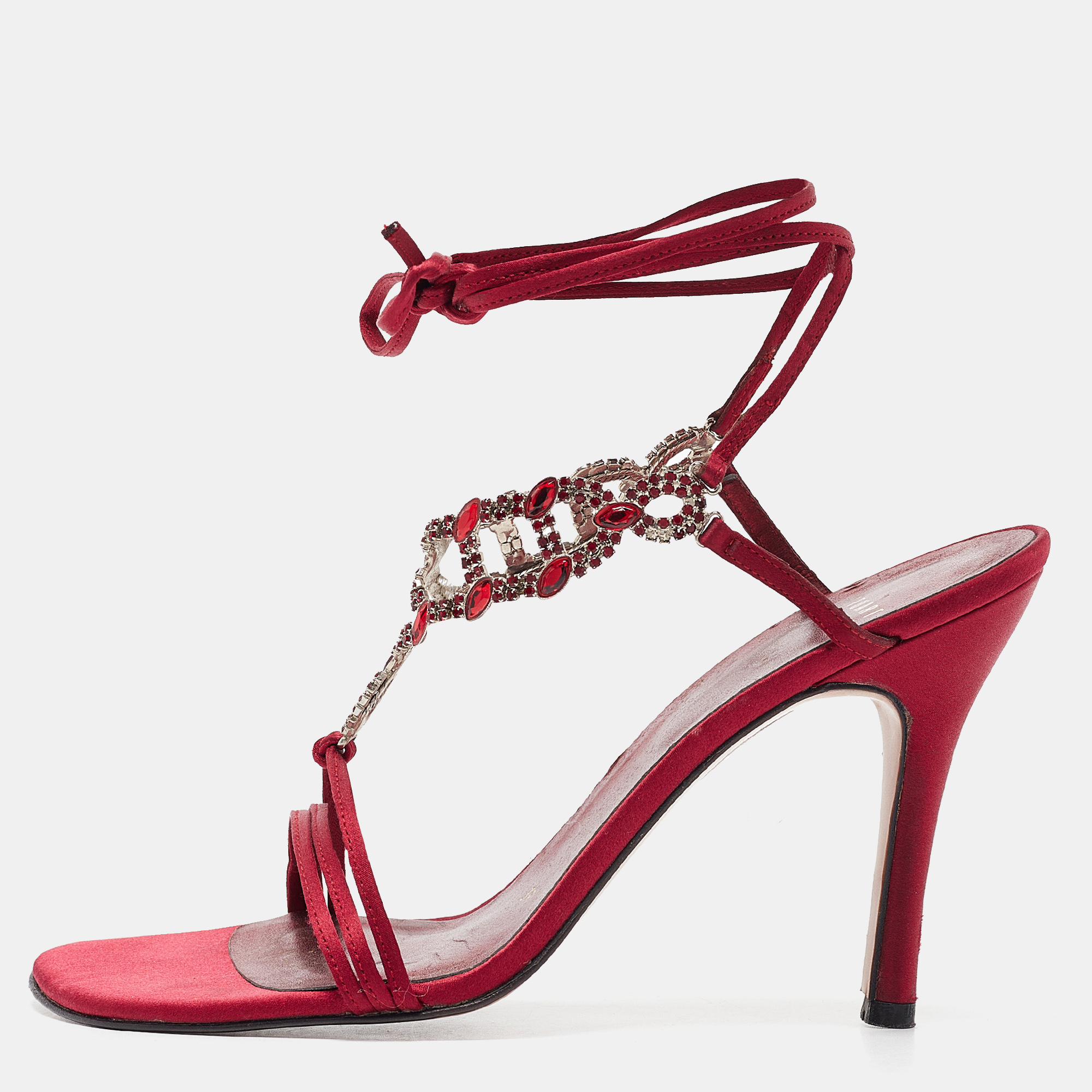 

Stuart Weitzman Burgundy Satin Crystal Embellished Ankle Strap Sandals Size