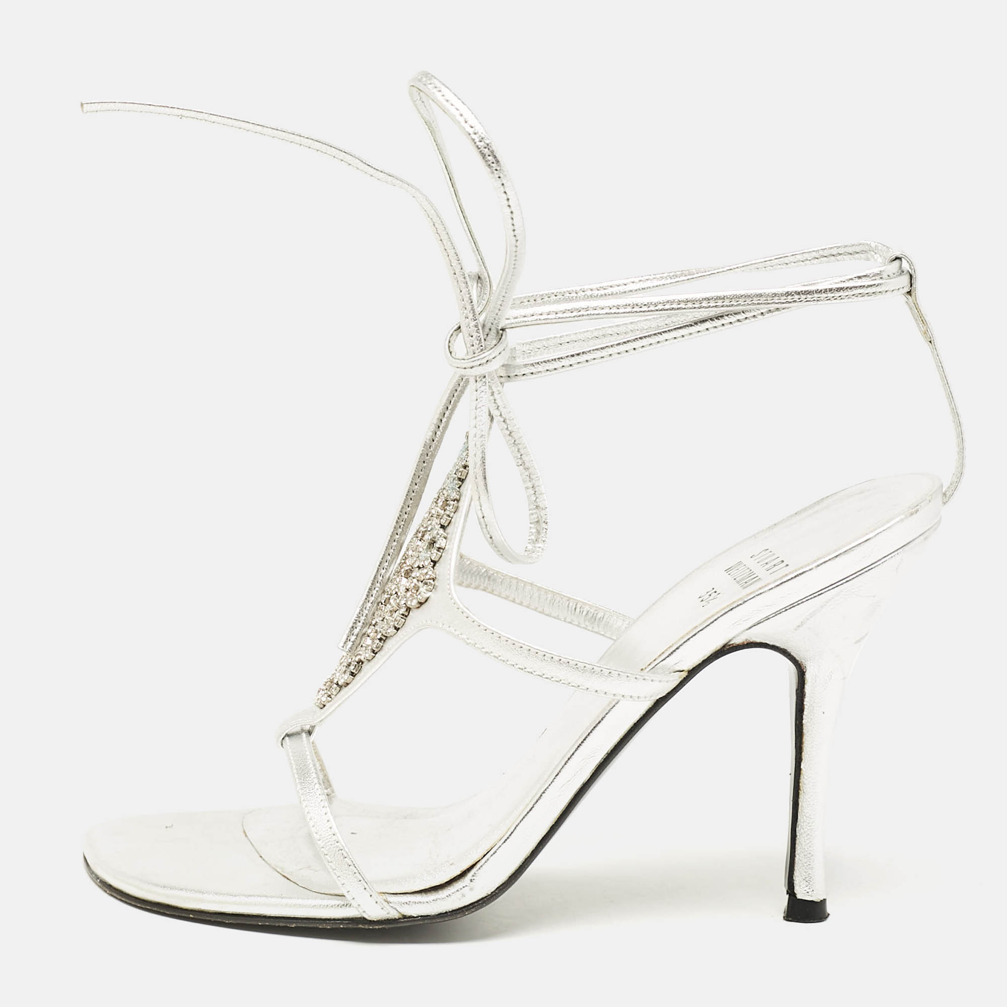 

Stuart Weitzman Silver Leather Crystal Embellished Ankle Strap Sandals Size