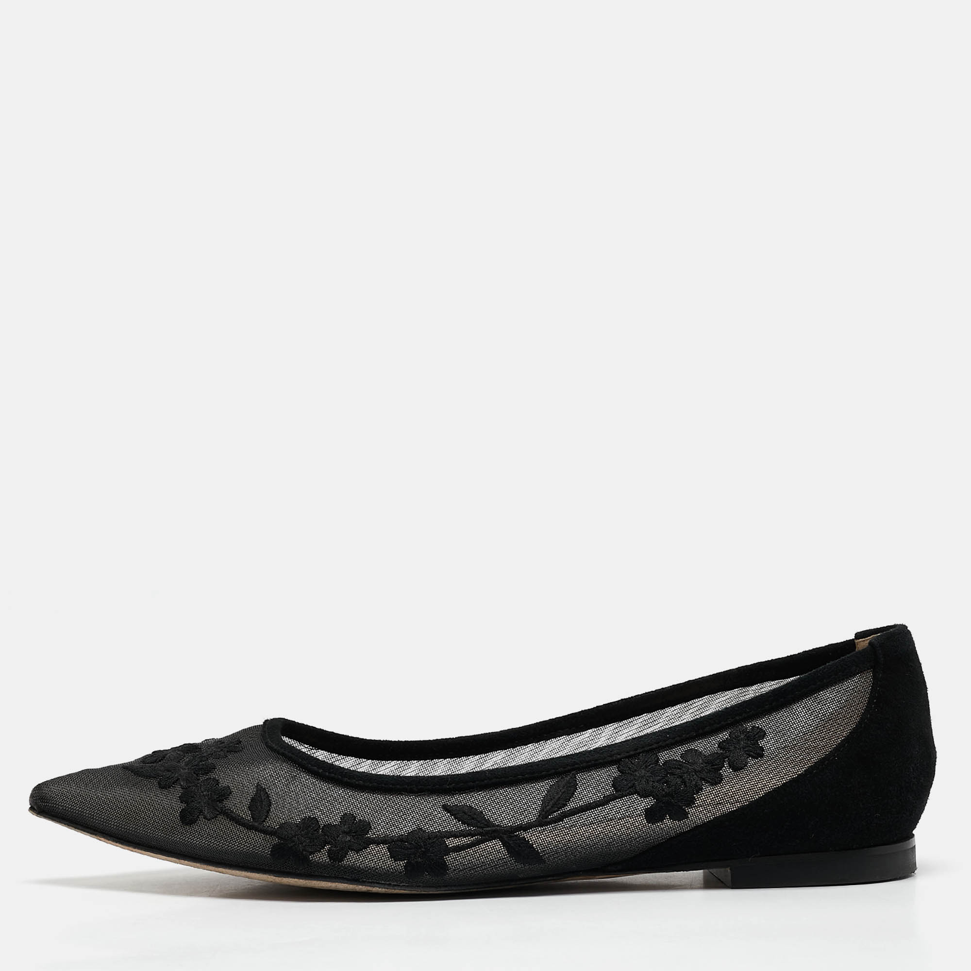 

Stuart Weitzman Black Embroidered Mesh and Suede Pointed Toe Ballet Flats Size