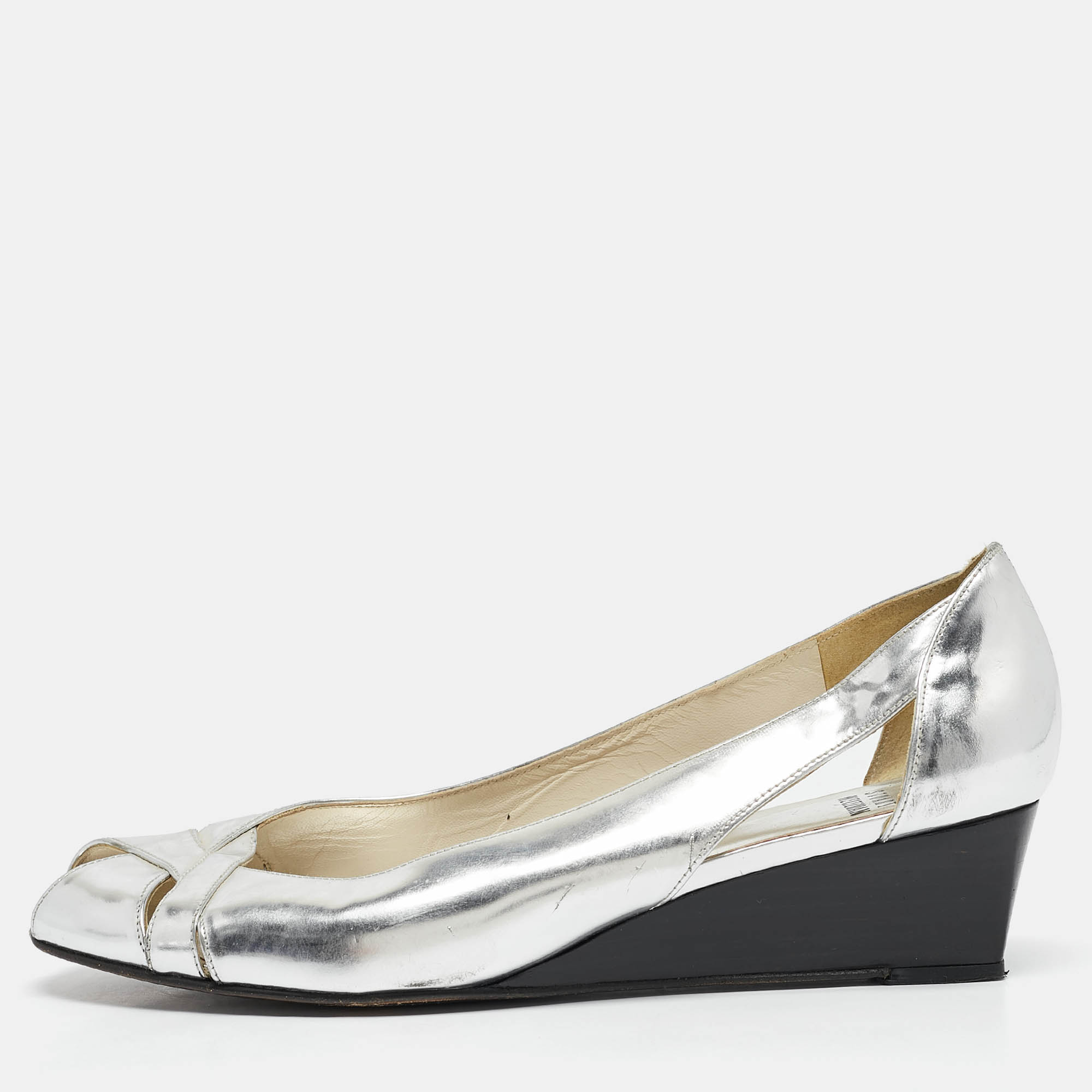 

Stuart Weitzman Silver Leather Wedge Peep Toe Pumps Size