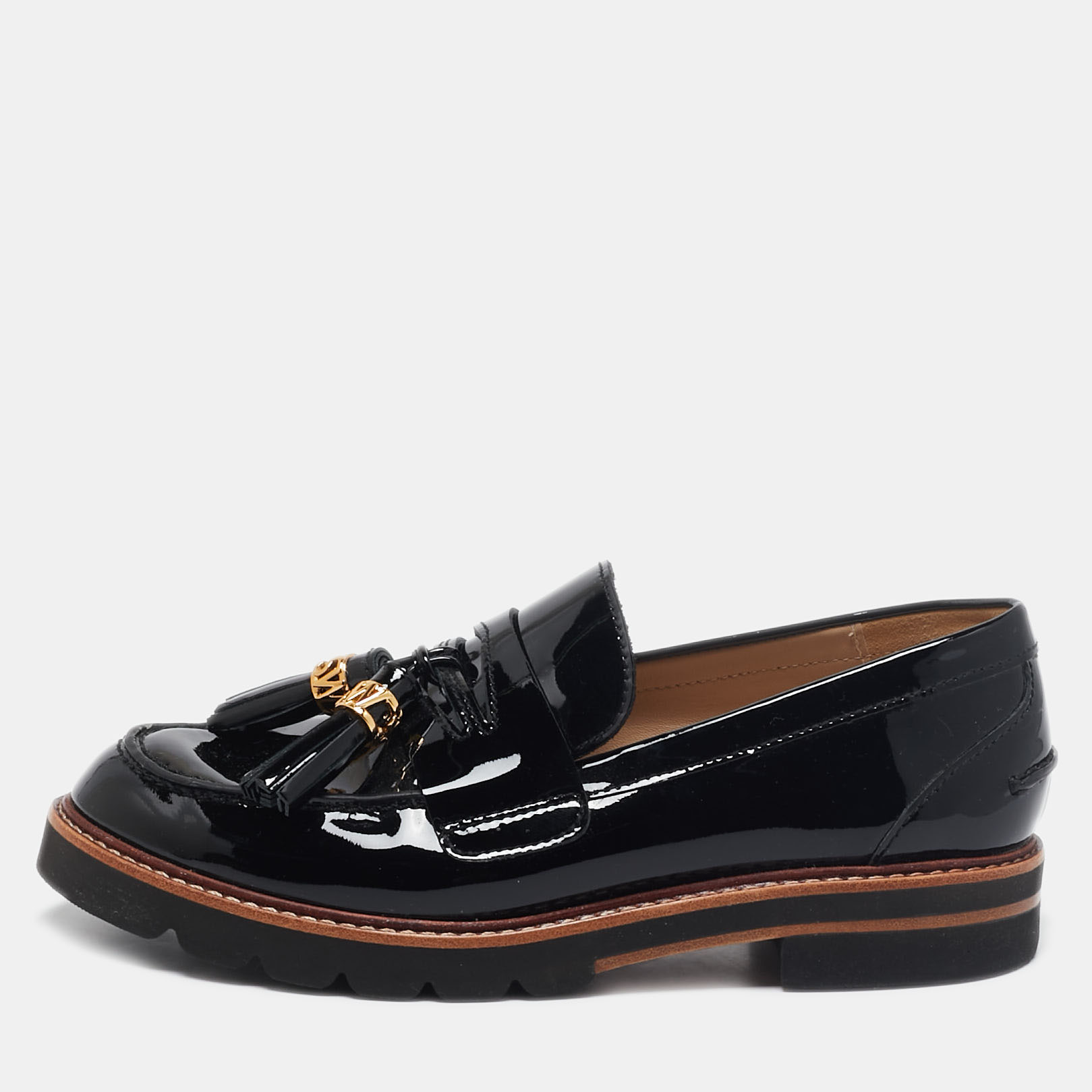 

Stuart Weitzman Black Patent Leather Tassels Detailed Loafers Size