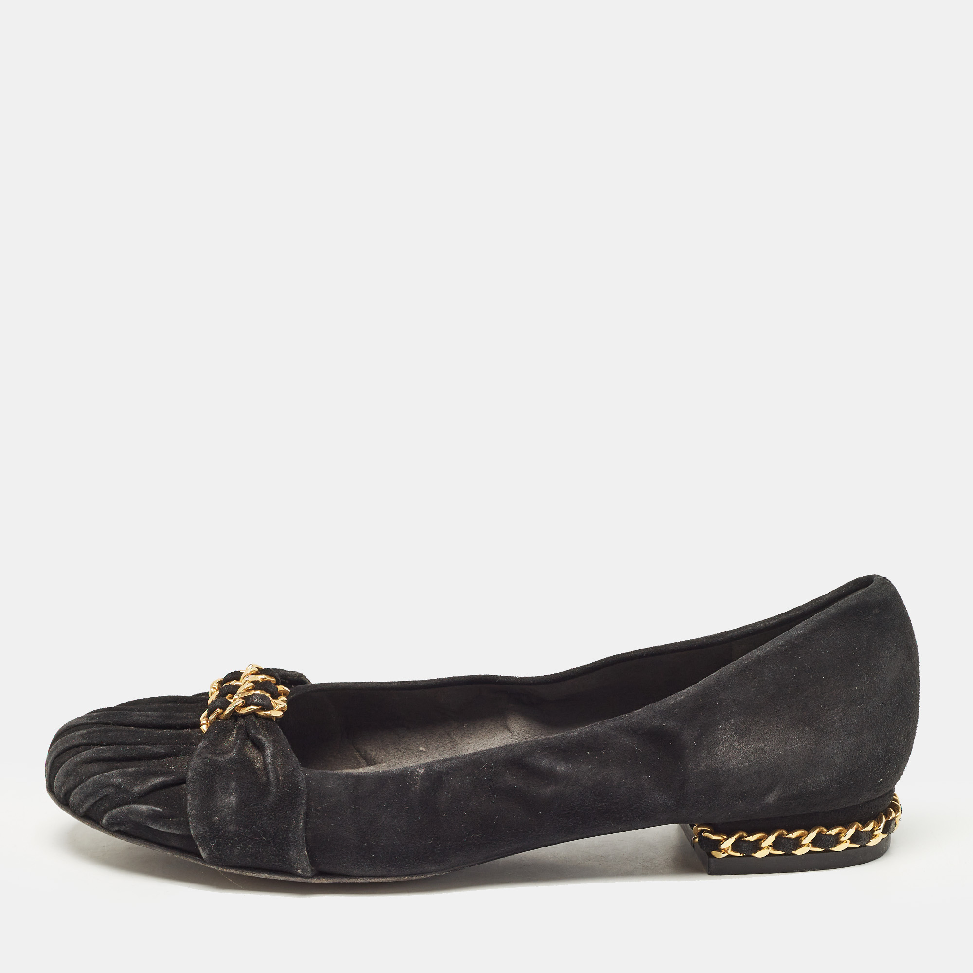 

Stuart Weitzman Black Suede Chain Embellished Ballet Flats Size