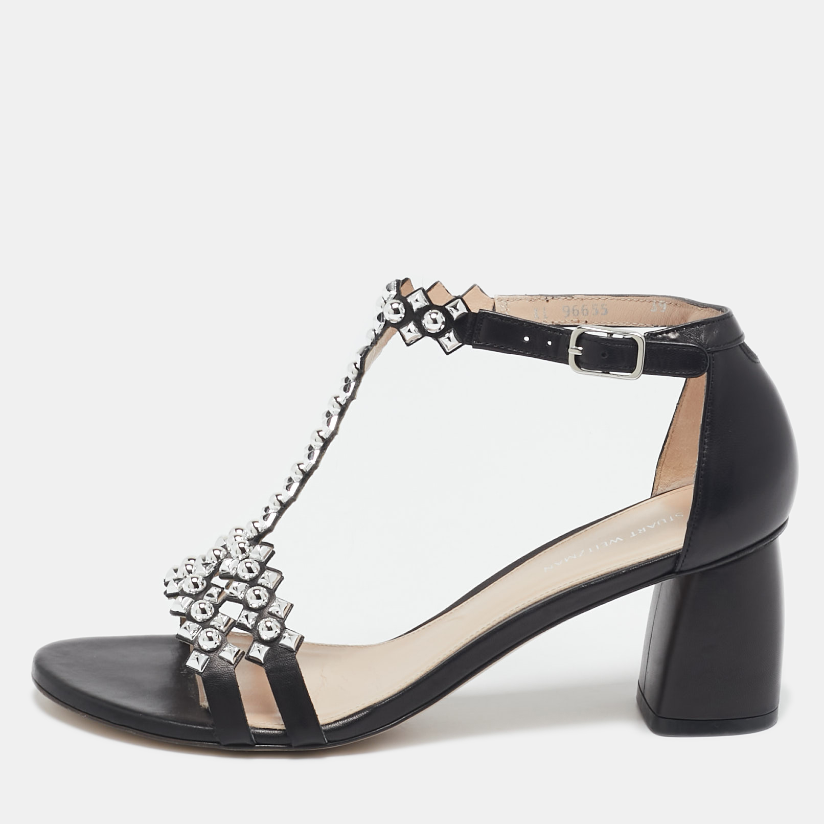 

Stuart Weitzman Black Leather Studded T-Strap Sandals Size