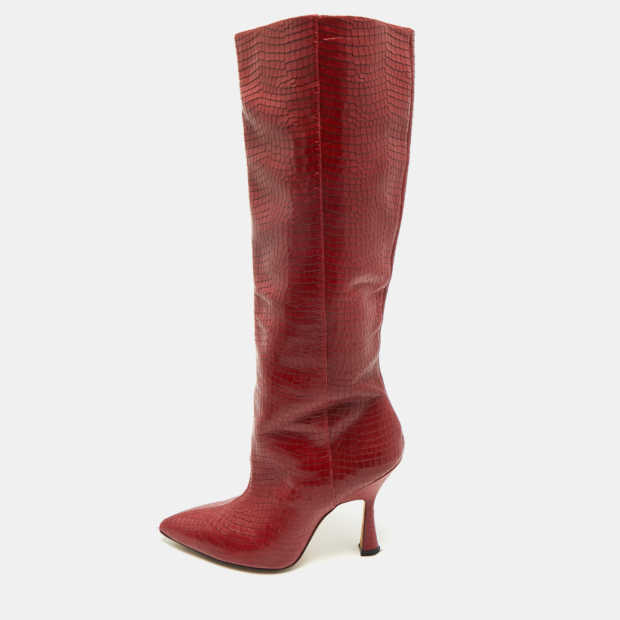 

Stuart Weitzman Red Croc Embossed Leather Parton Knee Length Boots Size