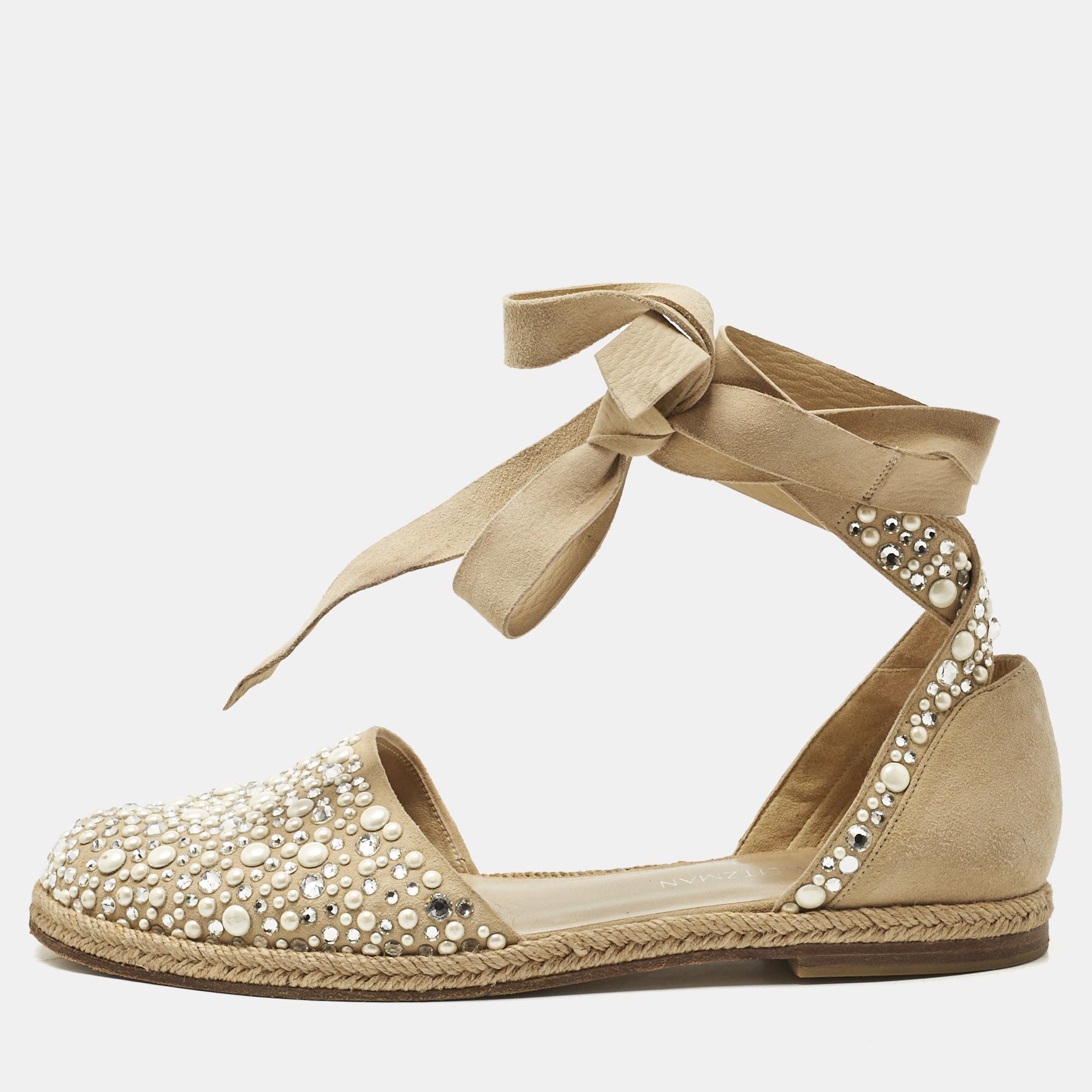 Pre-owned Stuart Weitzman Beige Suede Crystal Embellished Ankle Wrap Flat Espadrilles Size 41 In Sand