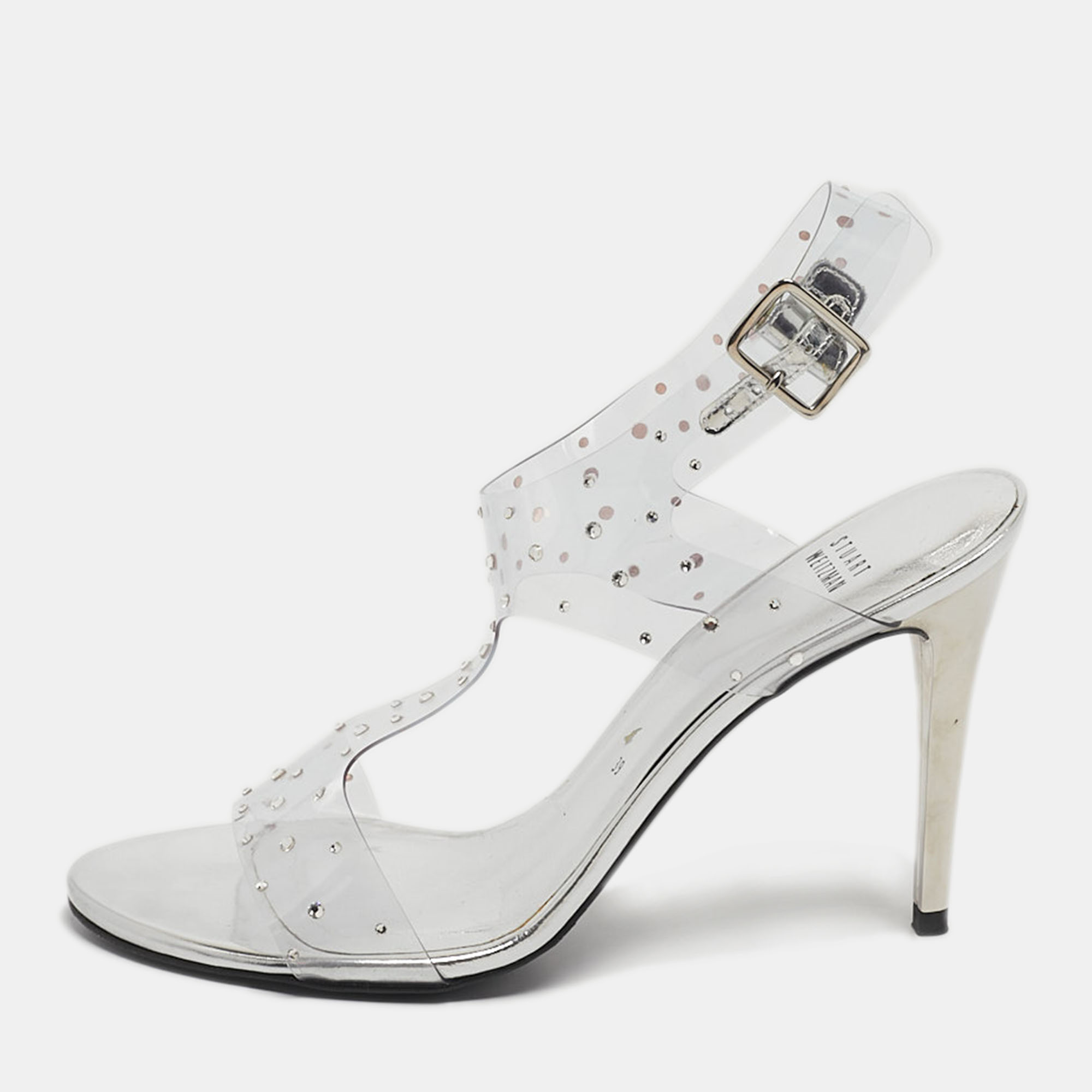 Pre-owned Stuart Weitzman Silver Pvc Crystals Embellished T Strap Sandals Size 39