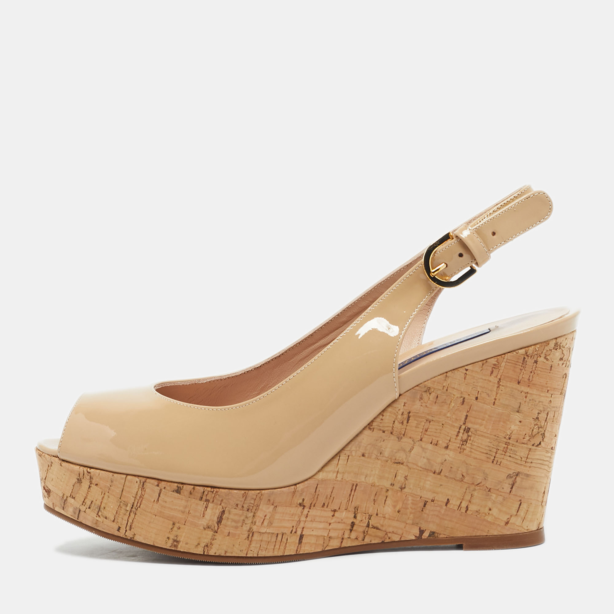 

Stuart Weitzman Beige Patent Leather Jean Wedge Pumps Size