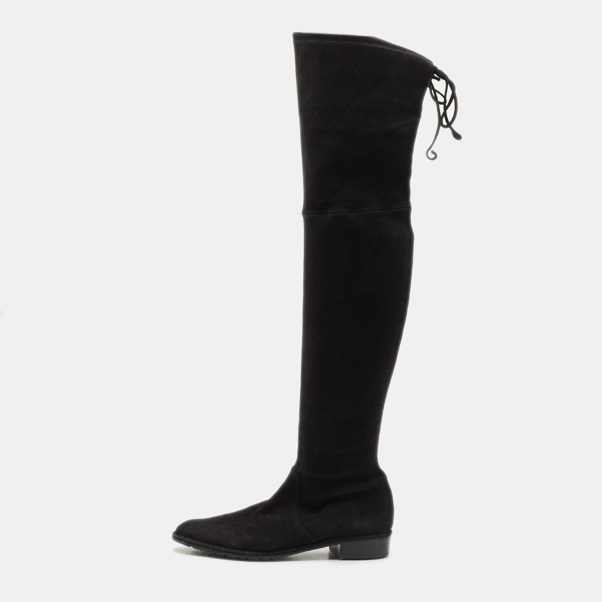 Pre-owned Stuart Weitzman Black Suede Lowland Over The Knee Boots Size 38