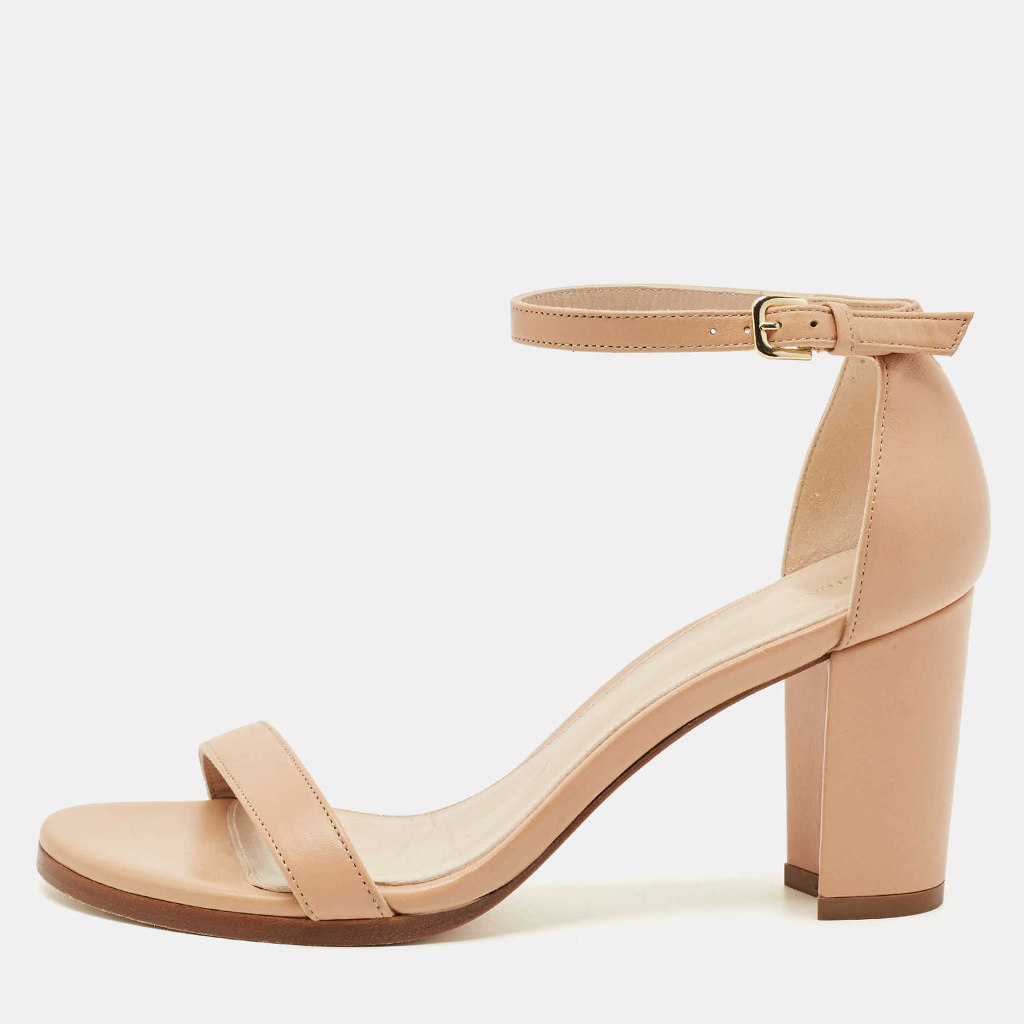 

Stuart Weitzman Beige Leather Bambina Block Heel Ankle Strap Sandals Size