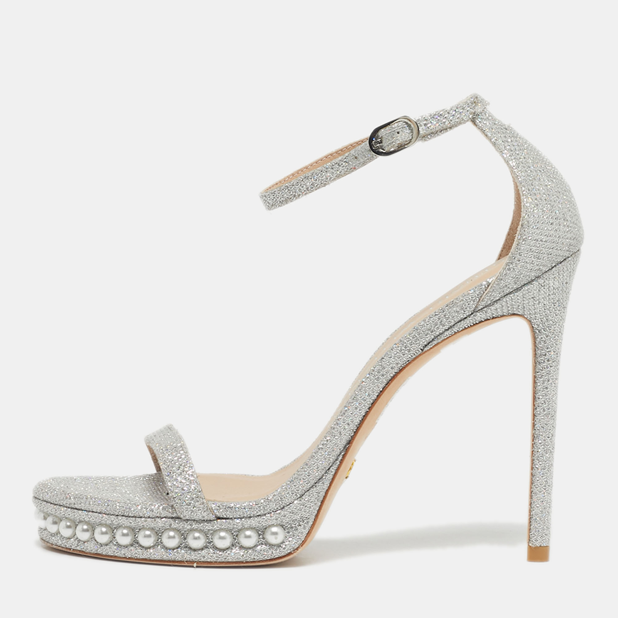 Pre-owned Stuart Weitzman Silver Glitter Nudist Ankle Strap Sandals Size 38