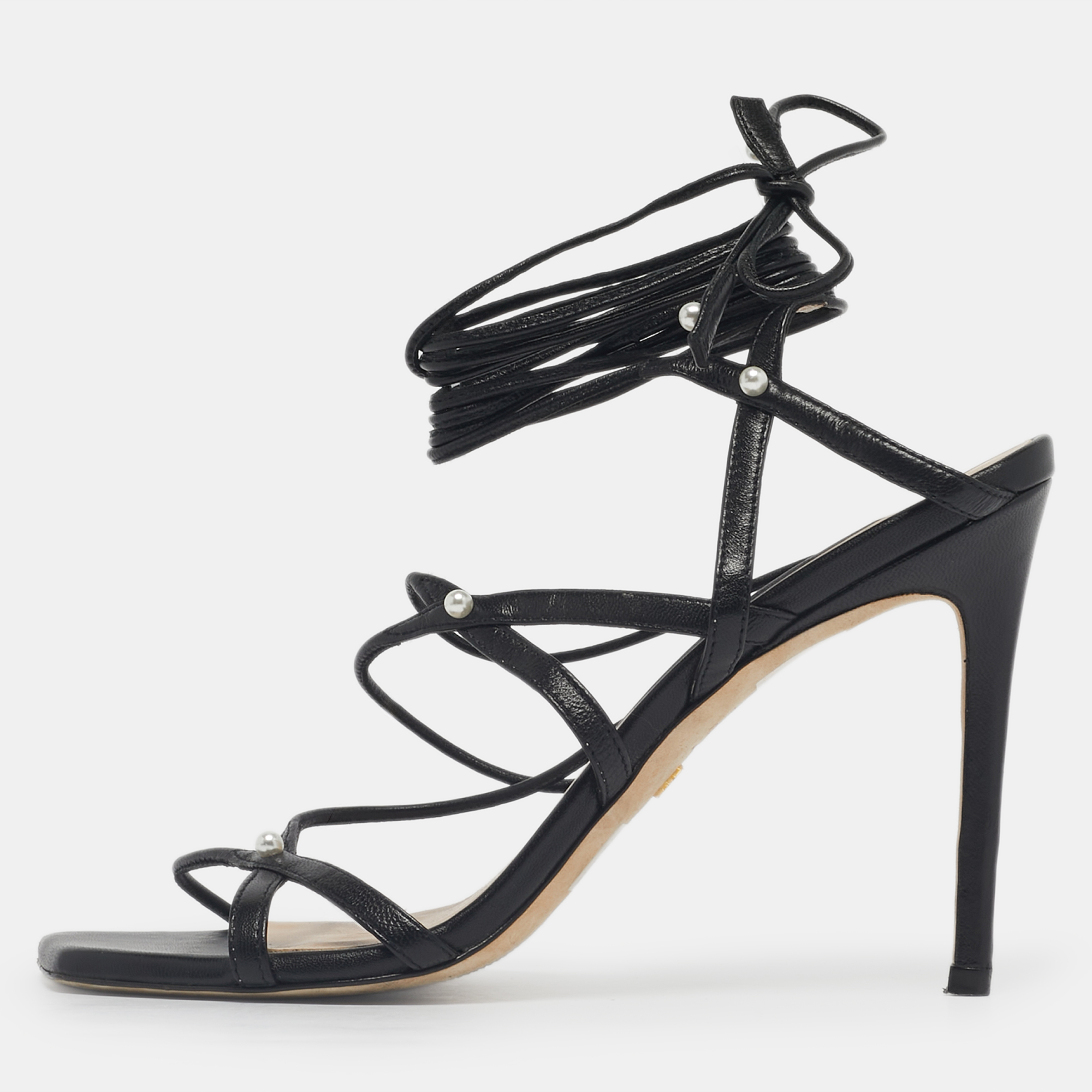 Pre-owned Stuart Weitzman Black Leather Ankle Wrap Sandals Size 39.5