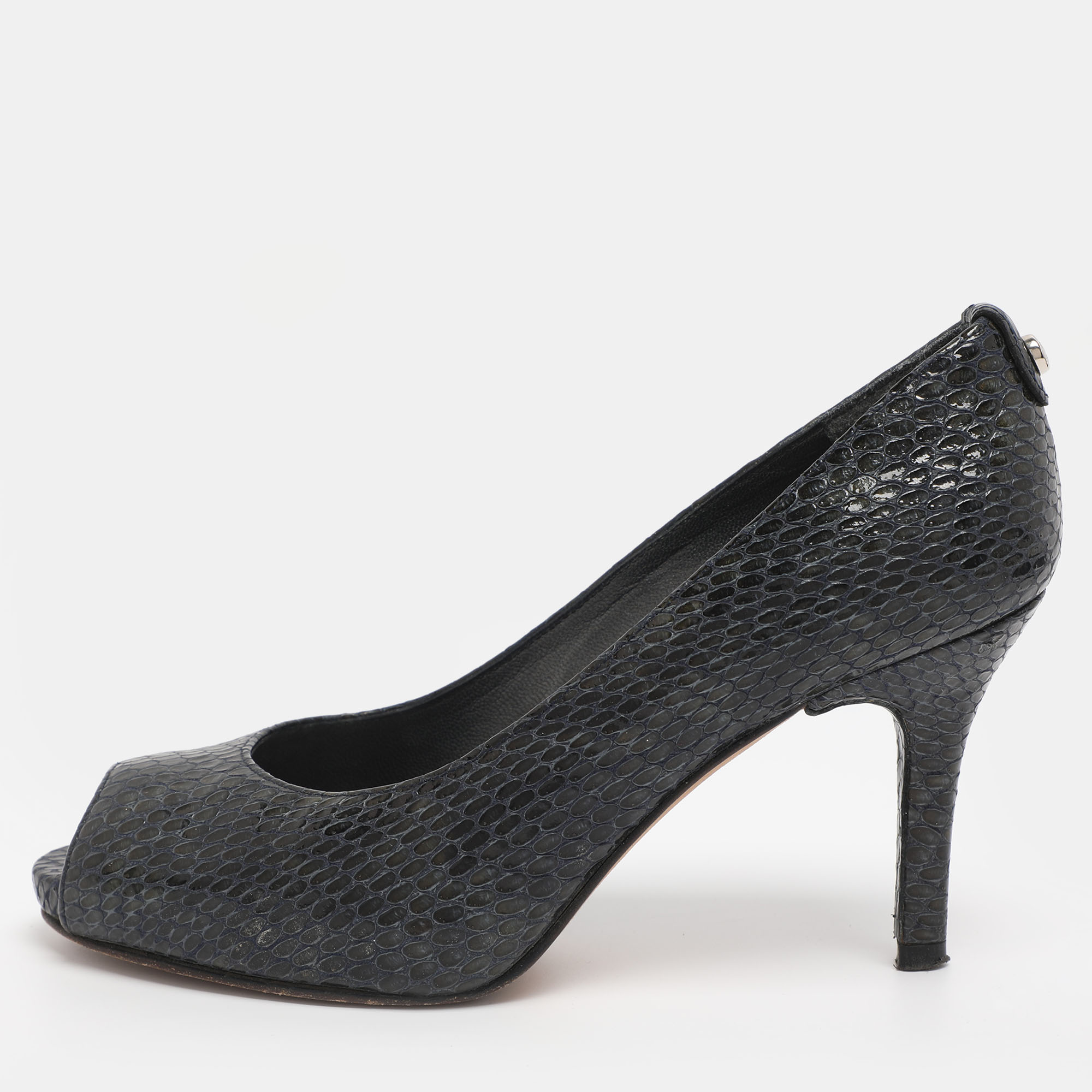 Pre-owned Stuart Weitzman Navy Blue Python Embossed Leather Peep Toe Pumps Size 36