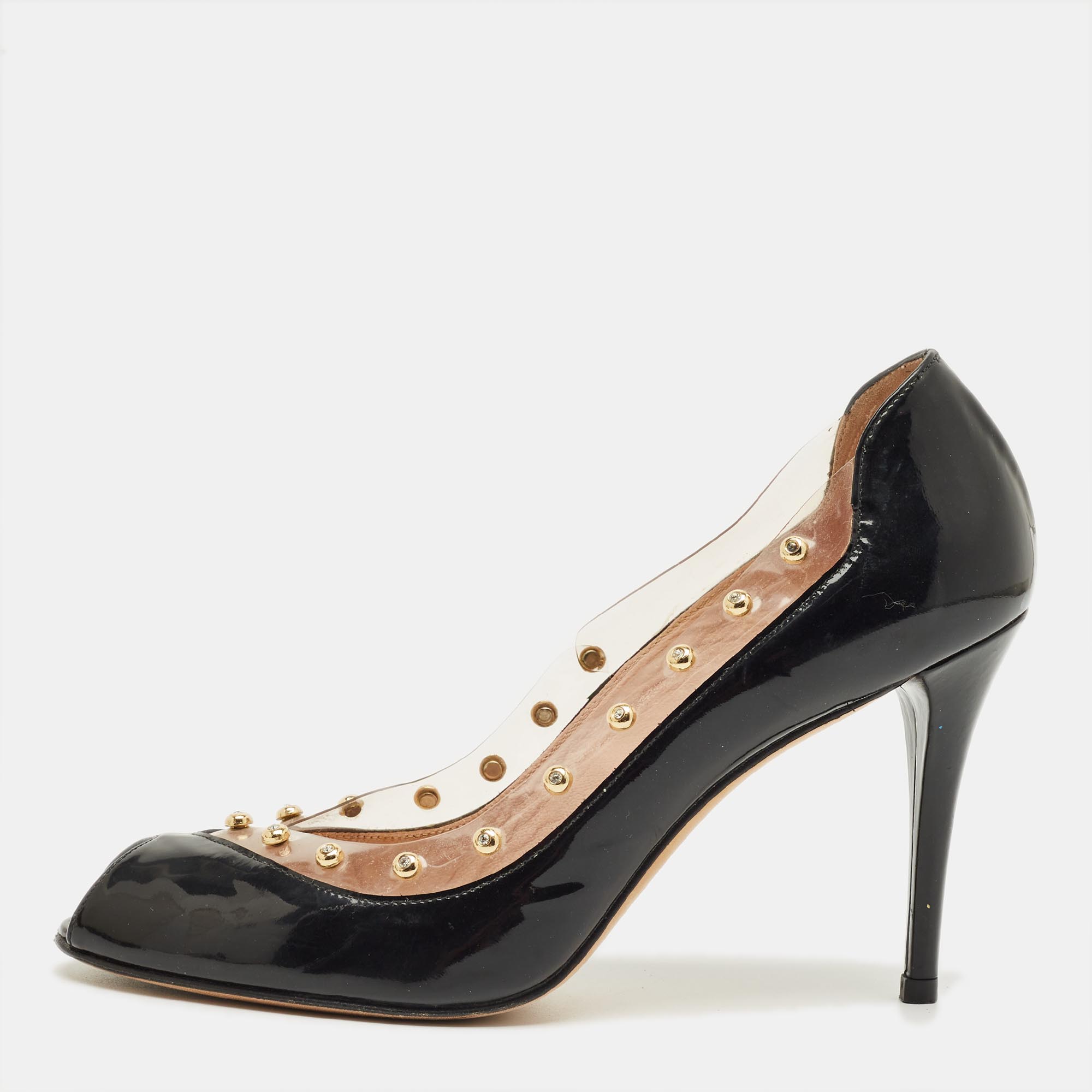 Pre-owned Stuart Weitzman Black/transparent Patent Leather And Pvc Peep Toe Pumps Size 40