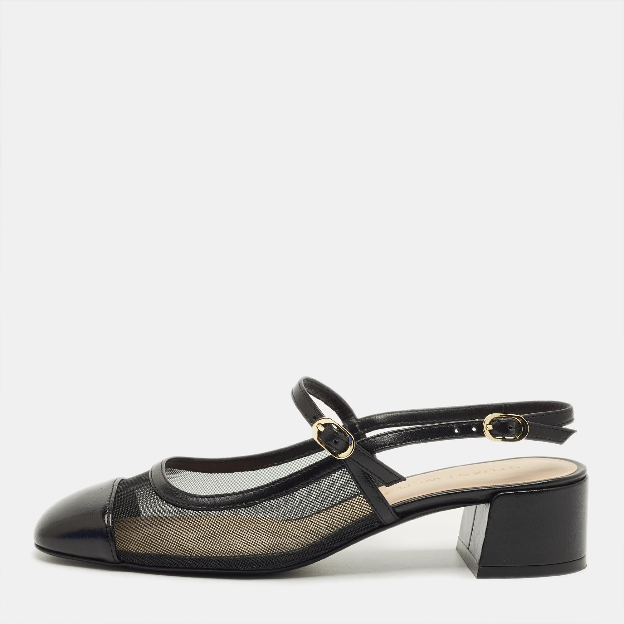 Pre-owned Stuart Weitzman Black Leather And Mesh Maeve Mary Jane Pumps Size 38