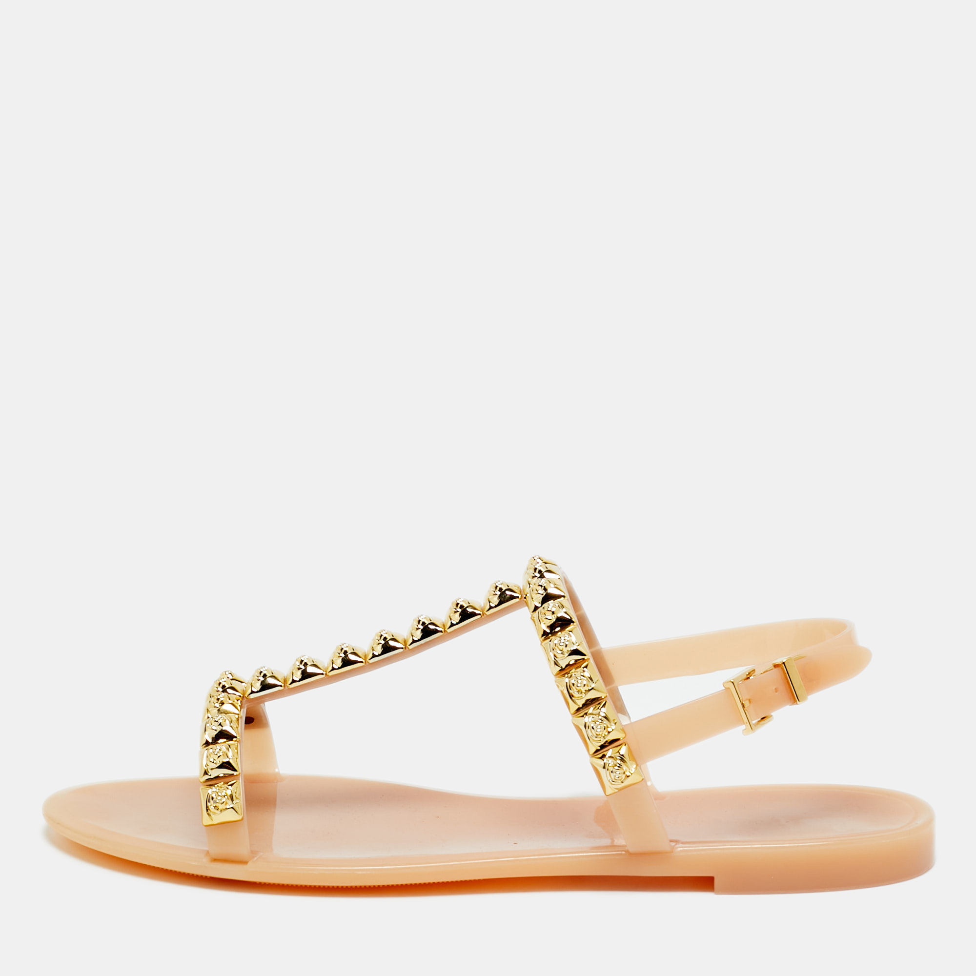 

Stuart Weitzman Size  Beige Jelly Rose Studded Flat Sandals