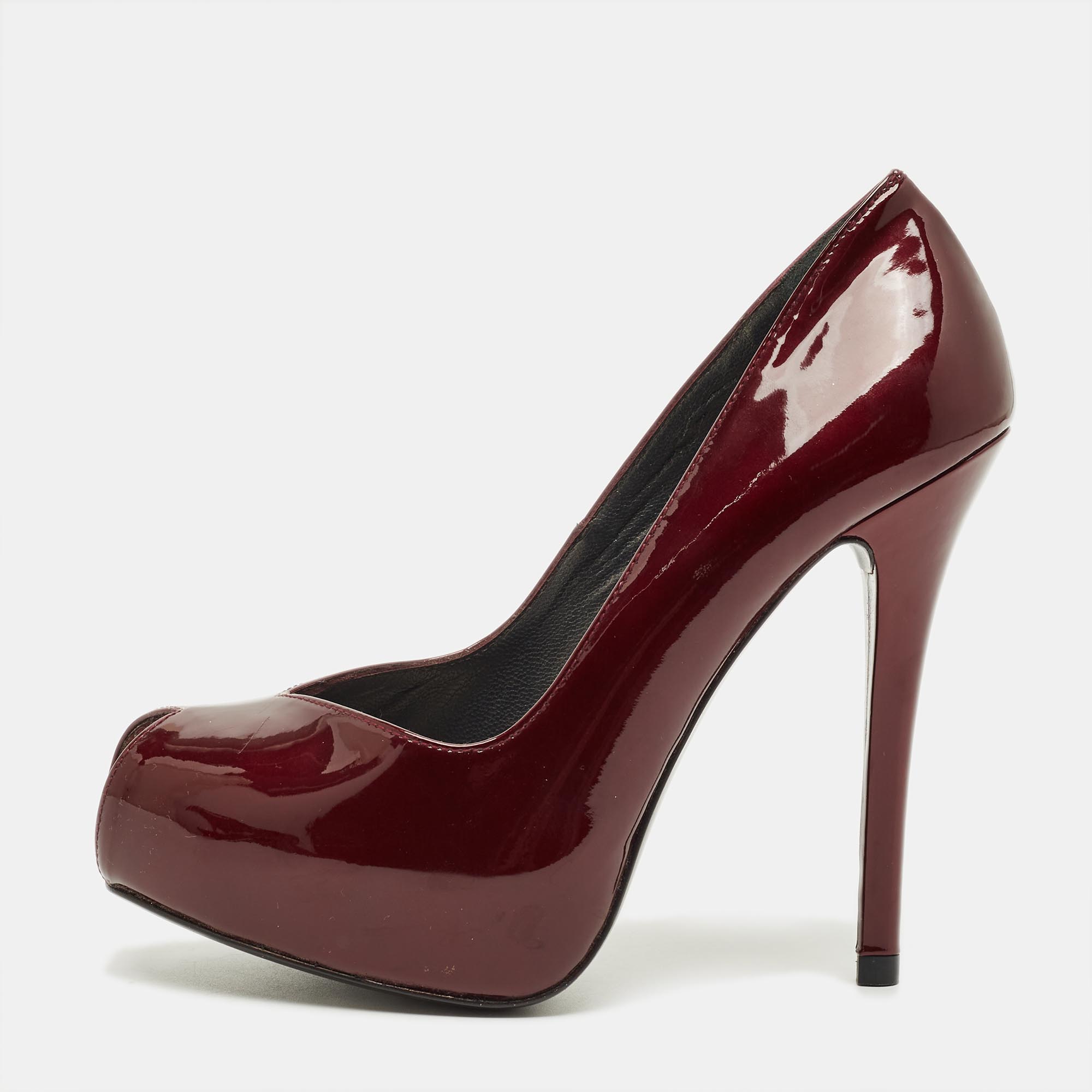 

Stuart Weitzman Size  Burgundy Patent Leather Peep Toe Platform Pumps