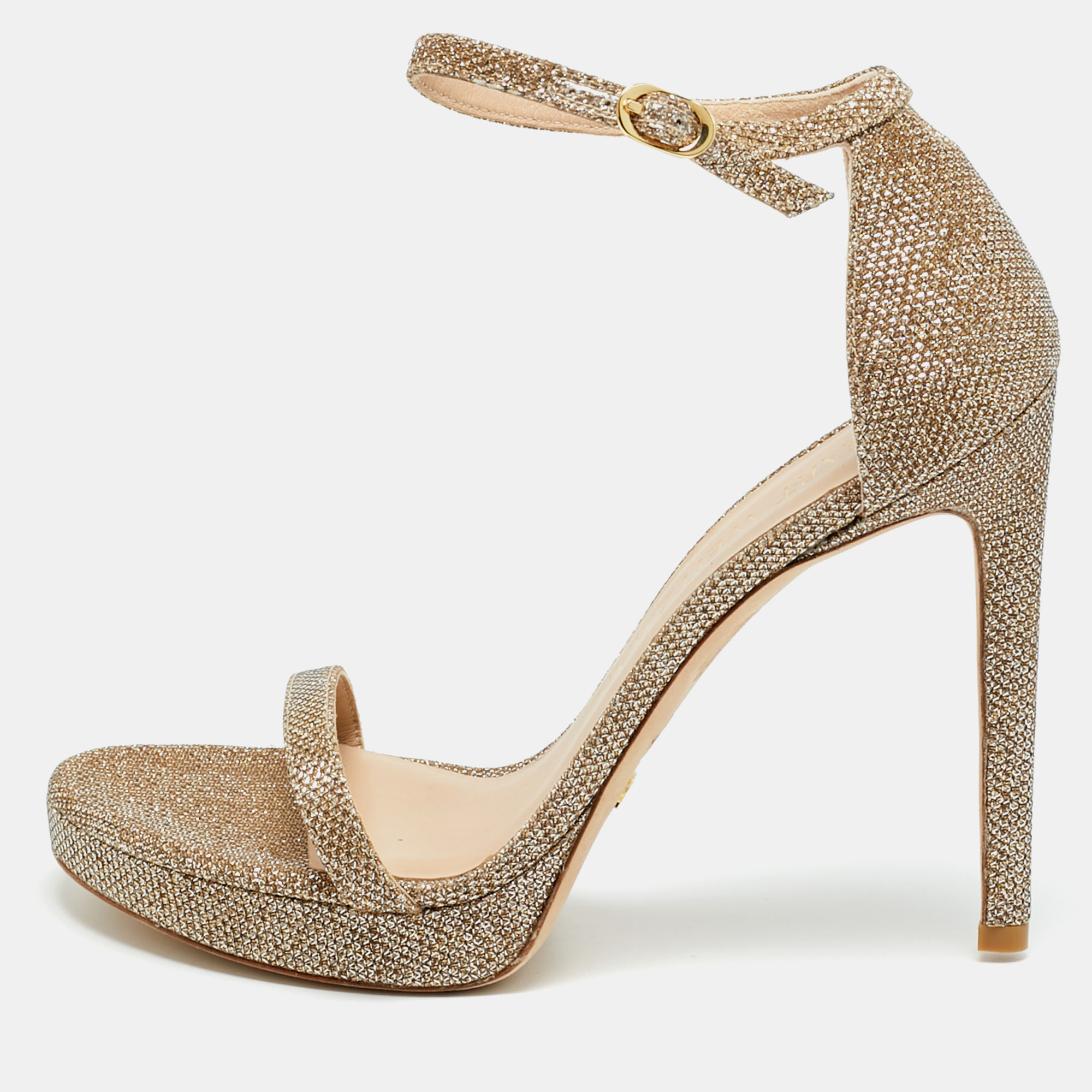 Click to view more detailed imagery on our partner's website Pre-owned Stuart Weitzman Nudist Size 39.5 Gold Metallic Lurex Fabric Ankle Strap Sandals