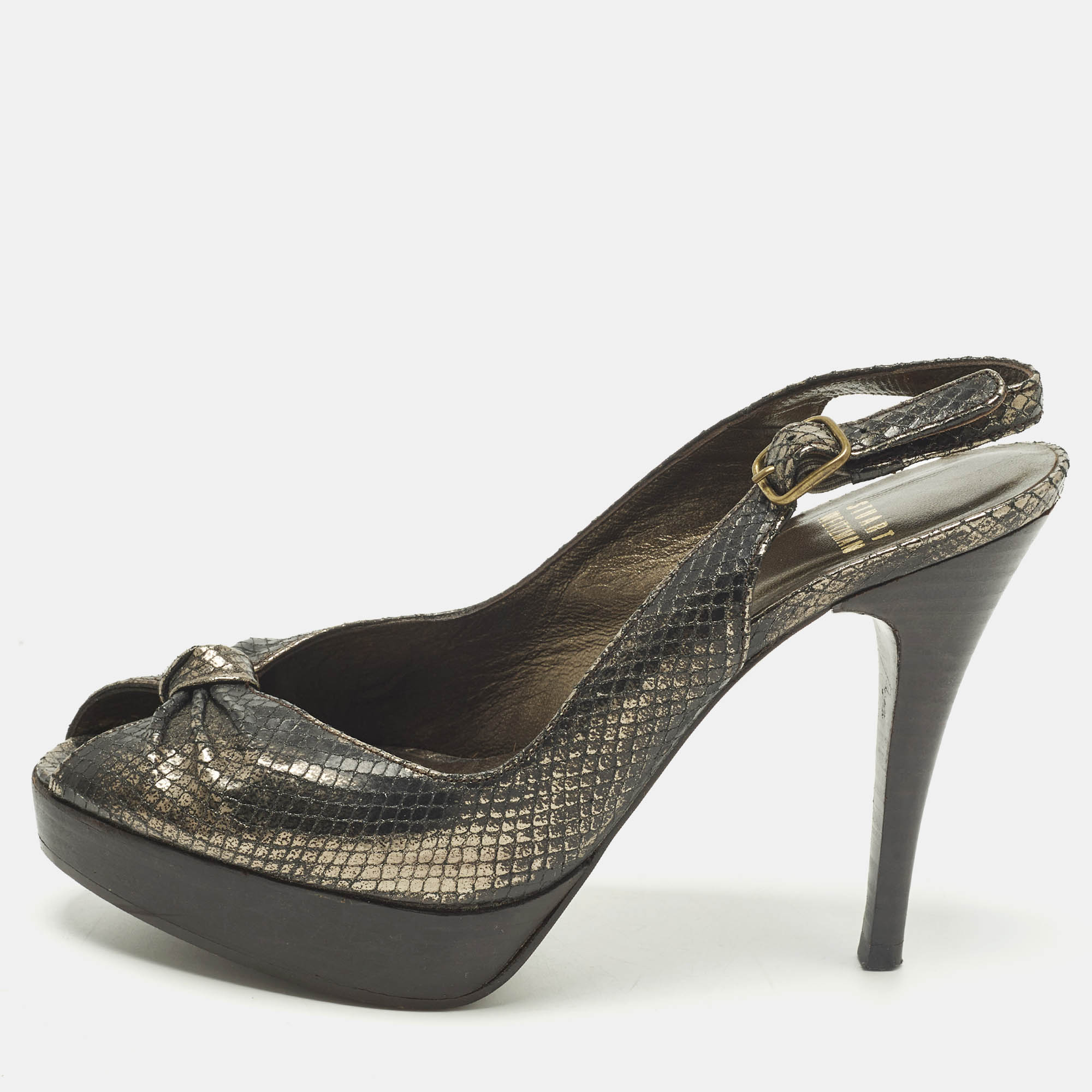 Pre-owned Stuart Weitzman Size 38 Metallic Snakeskin Embossed Leather Knot Slingback Peep Toe Pumps In Silver