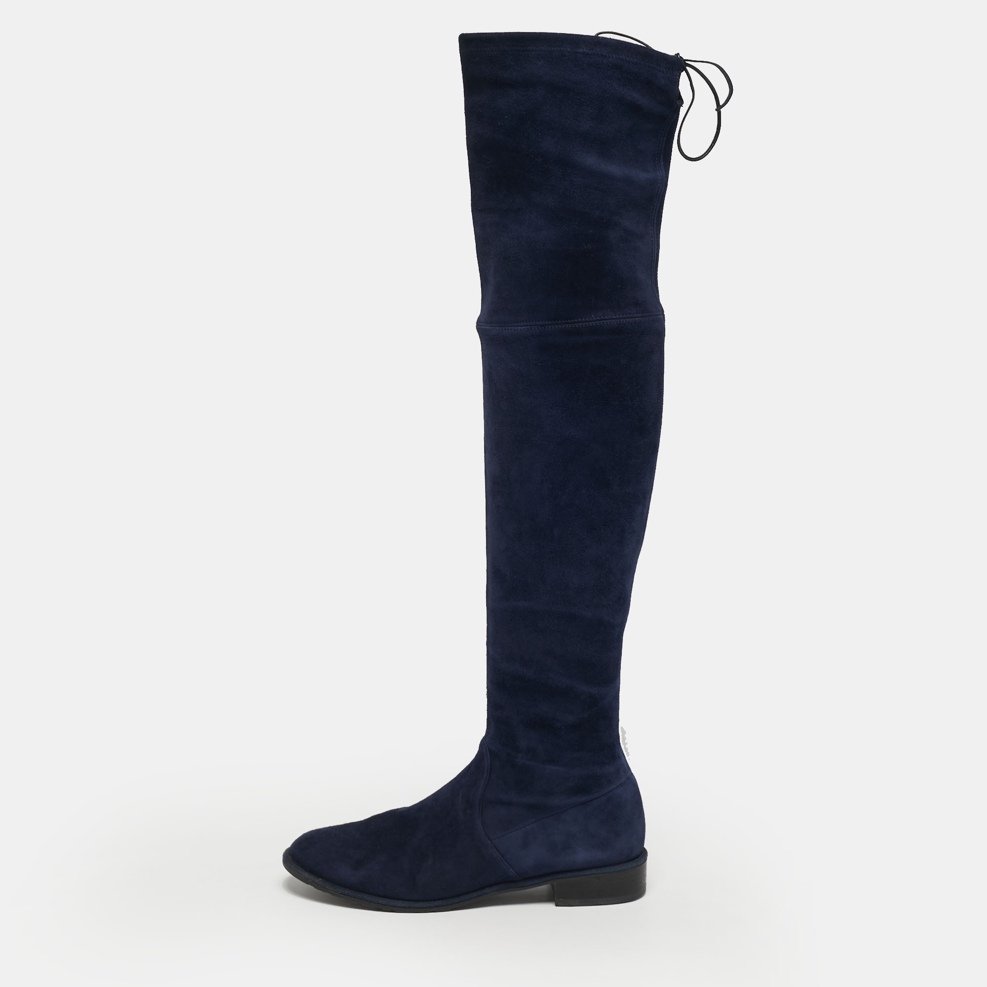 Pre-owned Stuart Weitzman Lowland Size 38.5 Navy Blue Suede Knee Length Boots