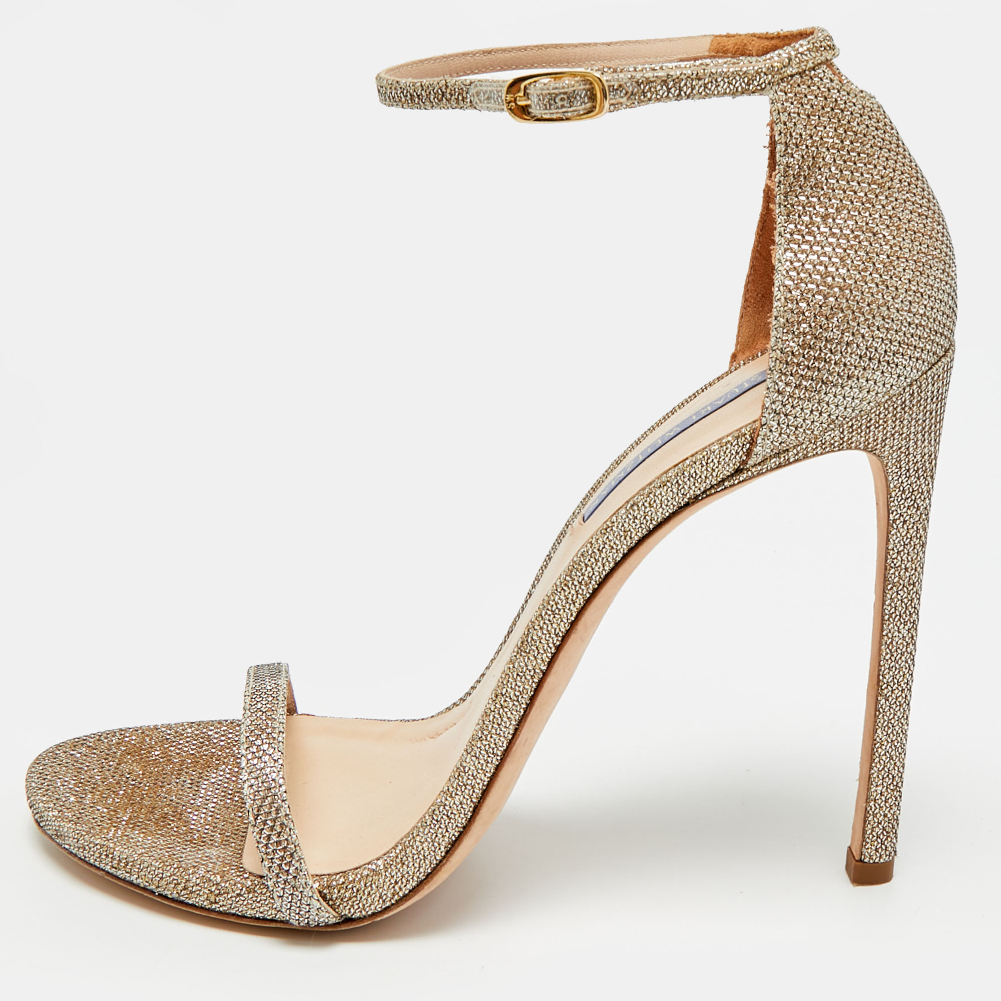

Stuart Weitzman Nudist Size 41.5 Gold Metallic Lurex Fabric Ankle Strap Sandals