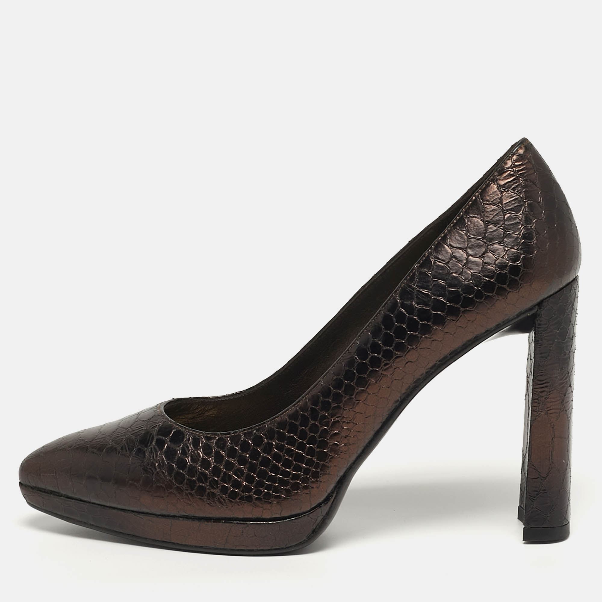 

Stuart Weitzman Size  Bronze Python Embossed Leather Platform Pumps, Brown
