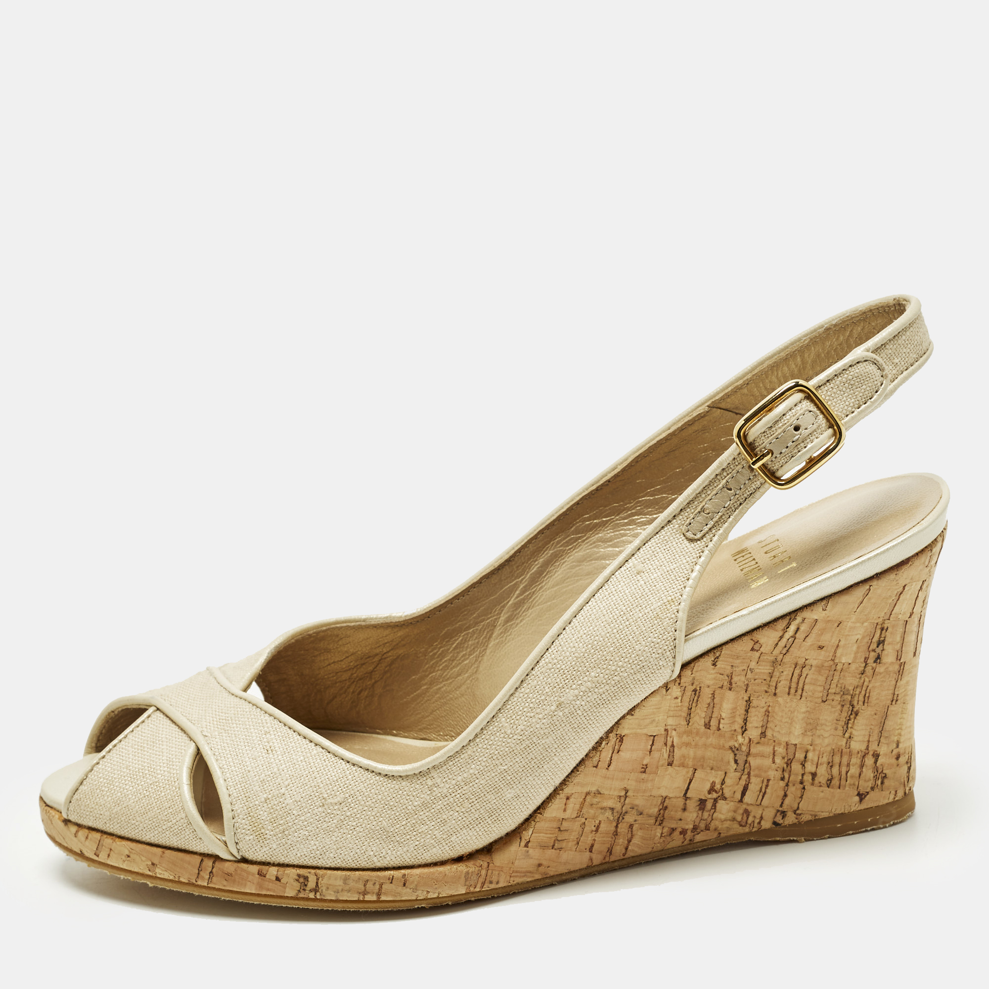 

Stuart Weitzman Size 37 Beige Canvas Peep Toe Slingback Pumps