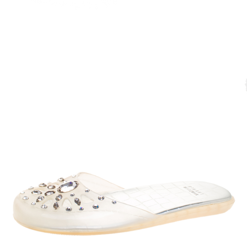 Stuart Weitzman Crystal Embellished Jelly Flat Slides Size 38