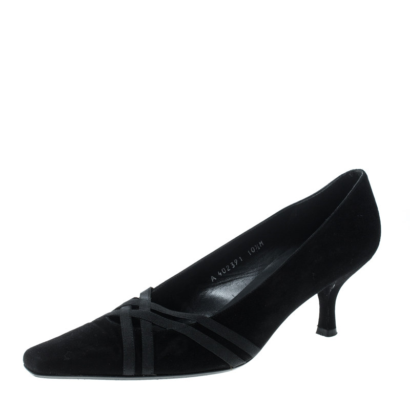 Pre Owned Stuart Weitzman Black Suede Cross Strap Pumps Size 41.5