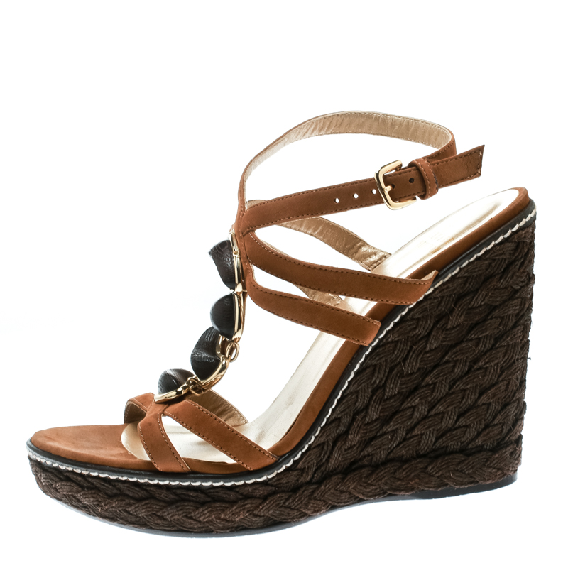 

Stuart Weitzman Brown Nubuck Leather Platform Wedge Ankle Strap Sandals Size