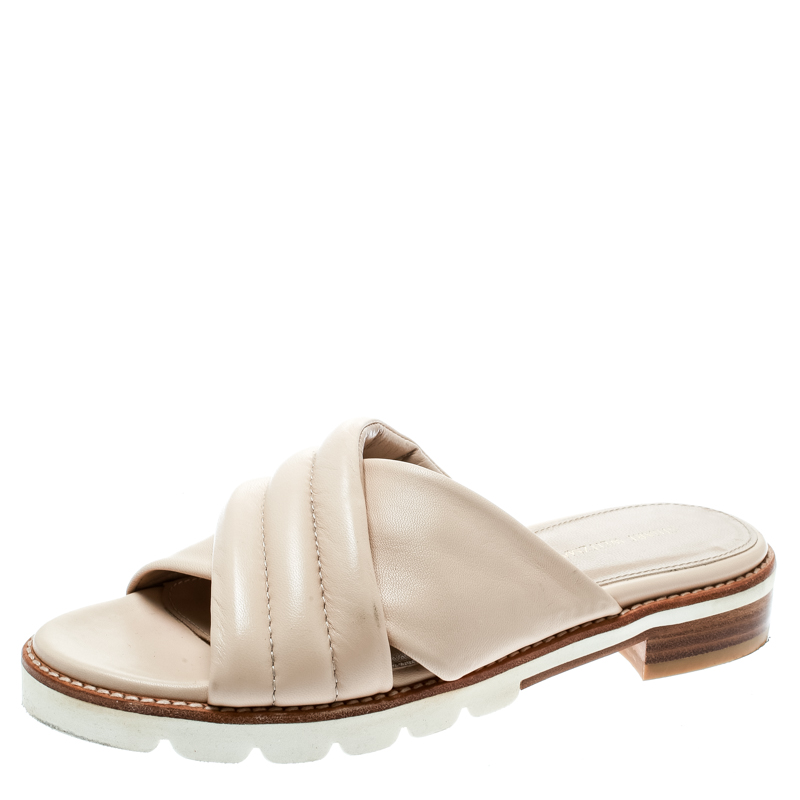 Stuart Weitzman Beige Leather Crisscross Slide Sandals Size 36